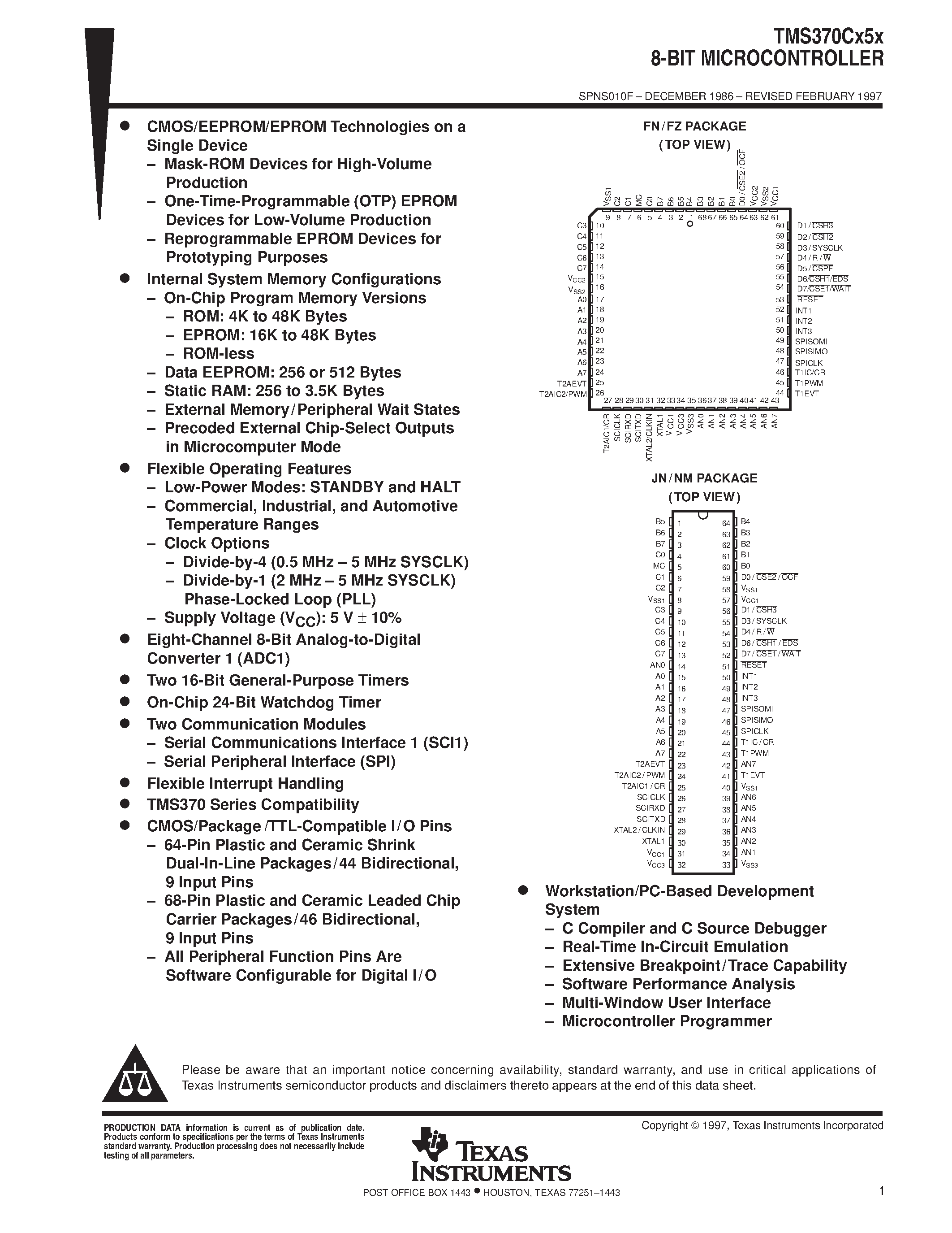 Datasheet TMS370C156A page 1 Datasheet TMS370C156A - 8-BIT MICROCONTROLLER page 1