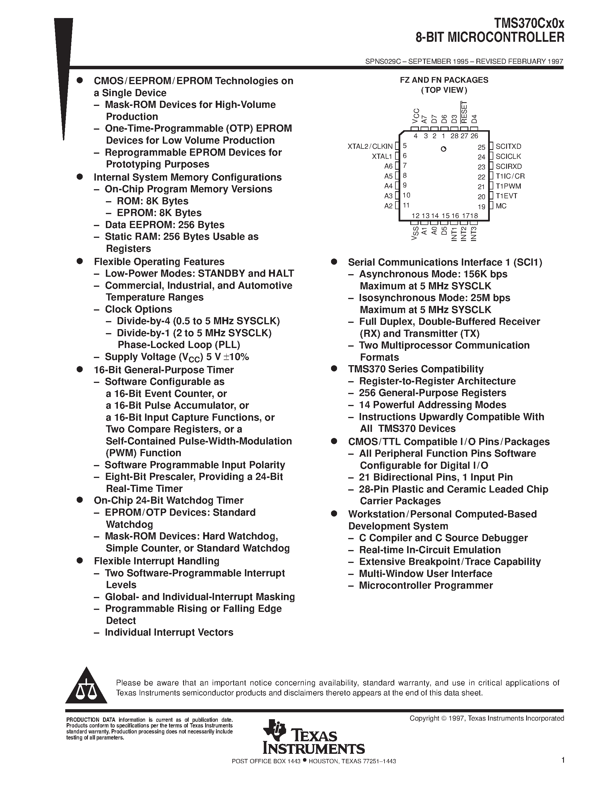 Datasheet TMS370C302A - 8-BIT MICROCONTROLLER page 1