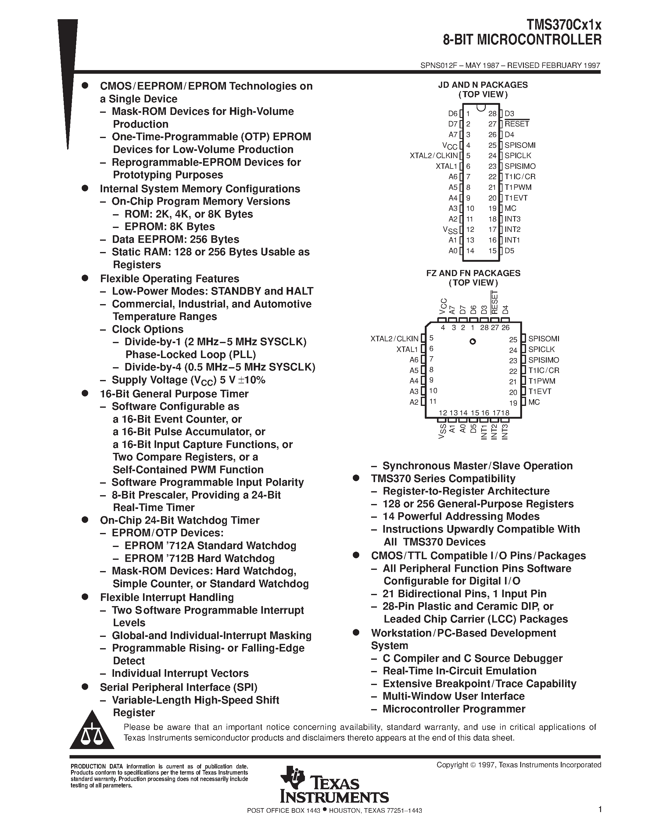 Datasheet TMS370C312A - 8-BIT MICROCONTROLLER page 1