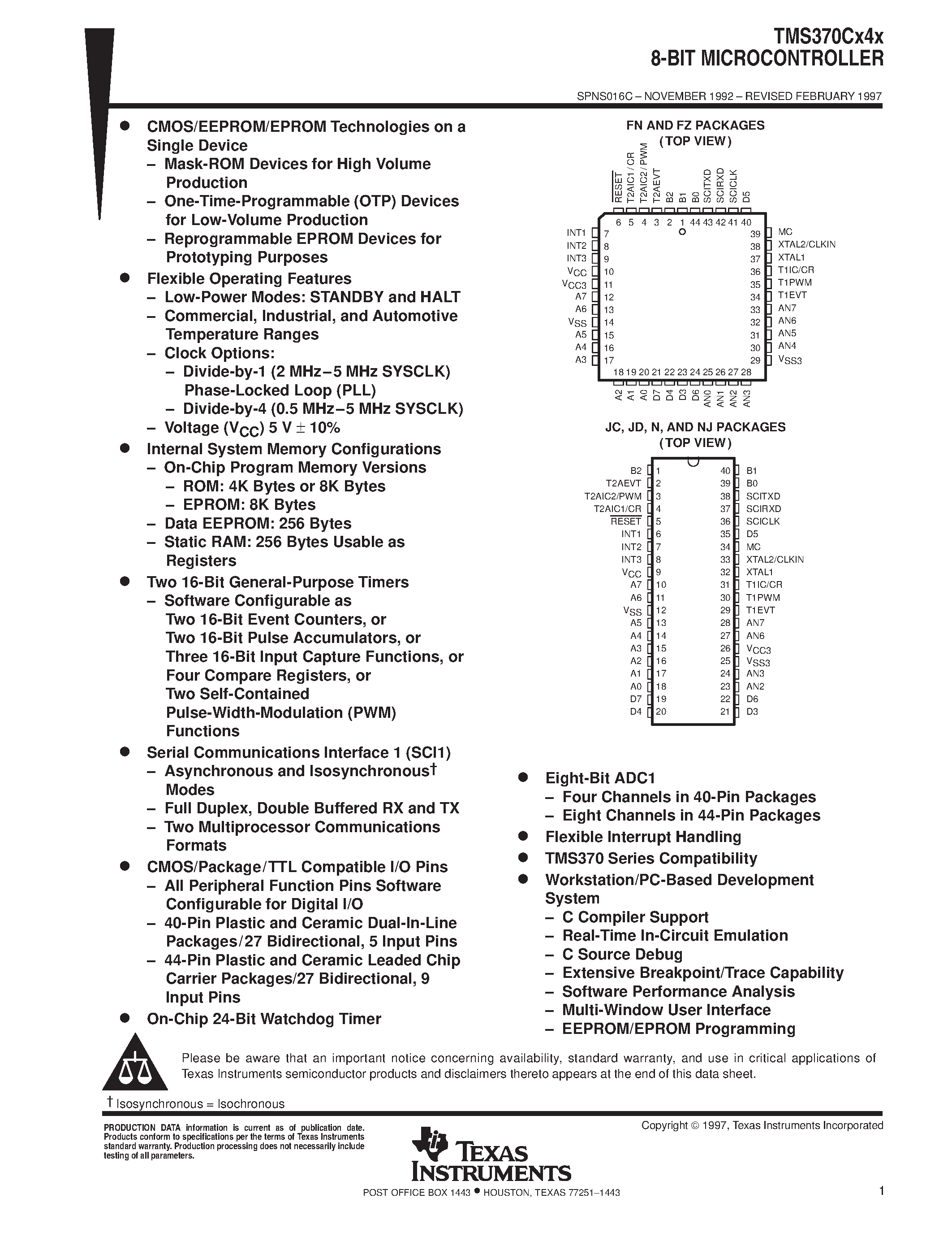 Datasheet TMS370C340A - 8-BIT MICROCONTROLLER page 1