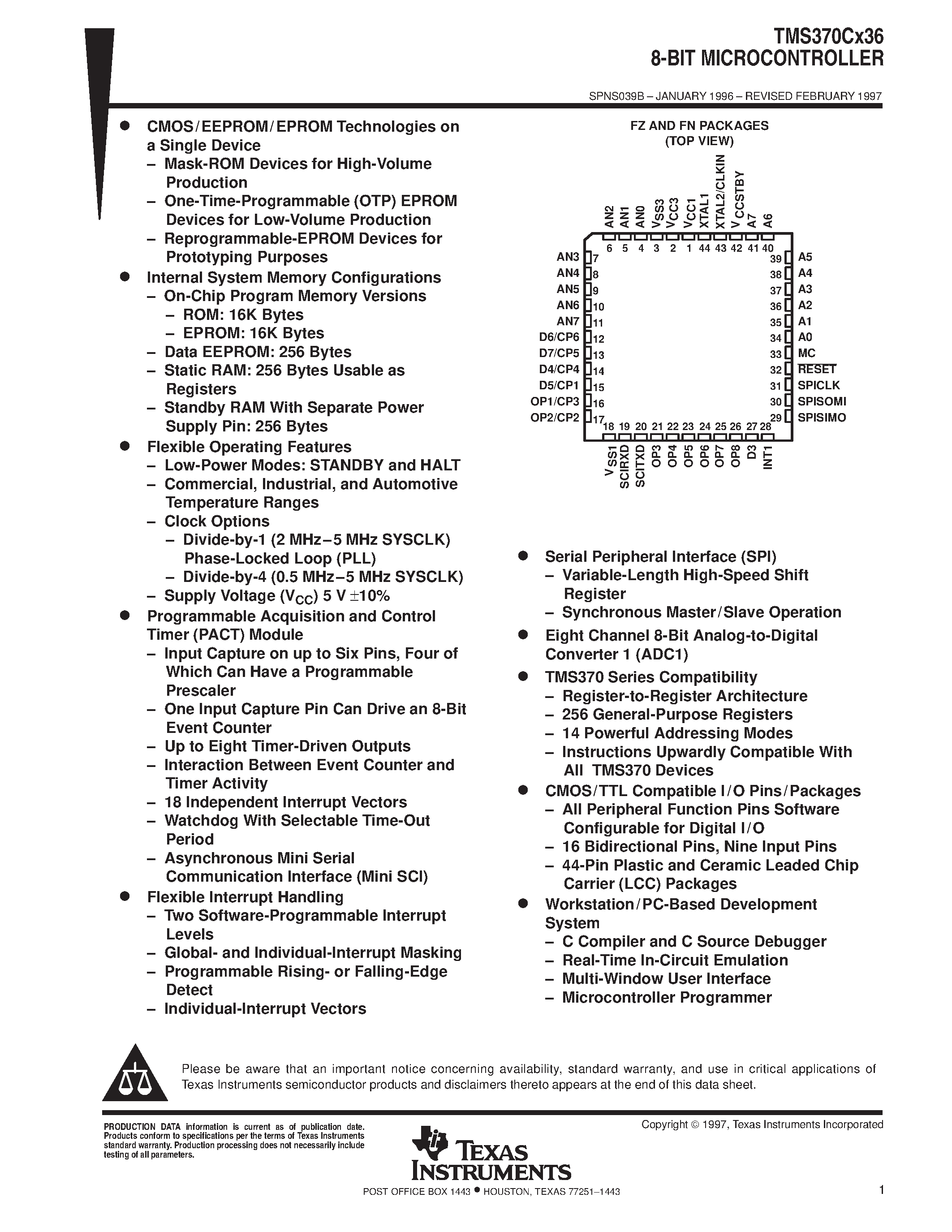 Datasheet TMS370C736A - 8-BIT MICROCONTROLLER page 1