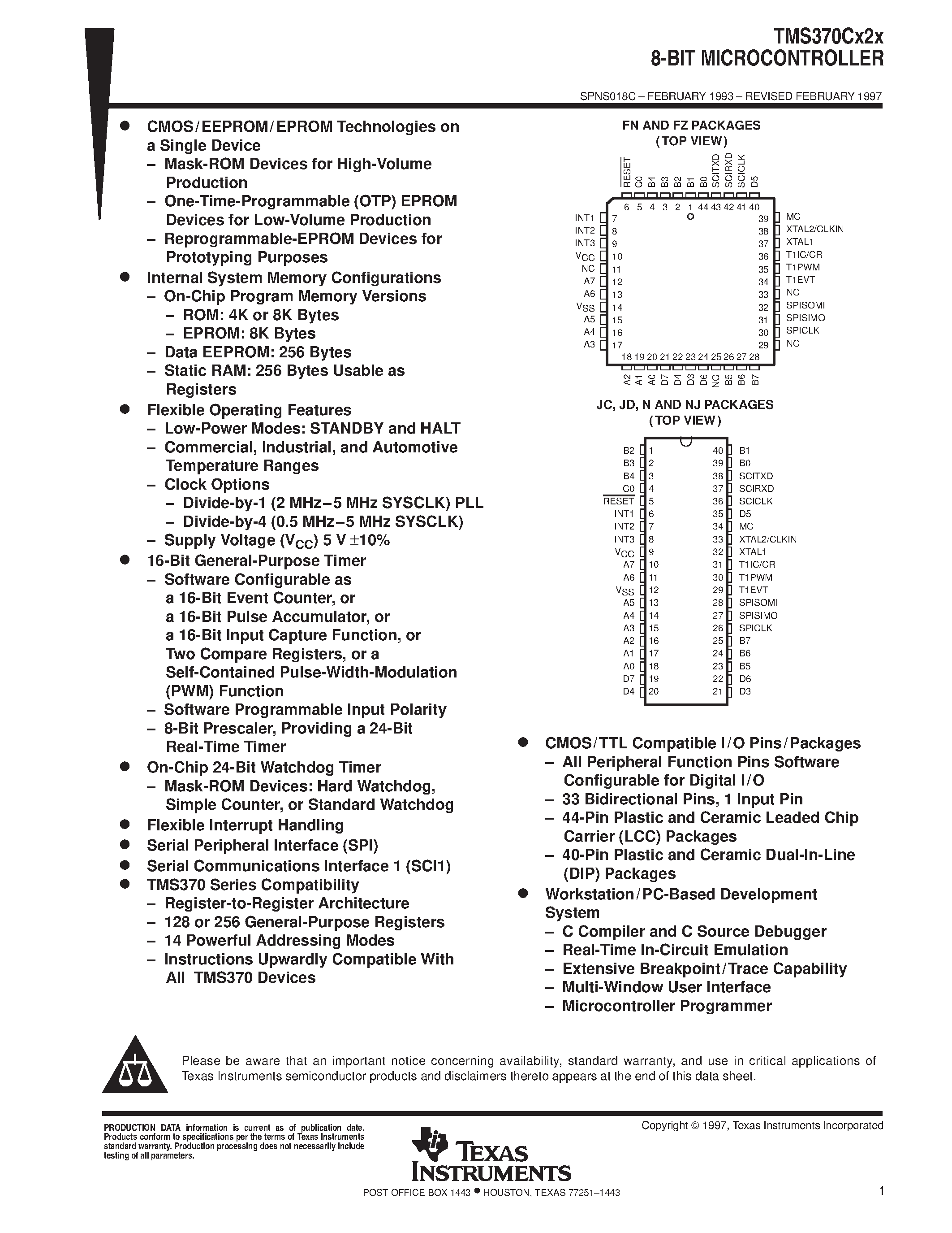 Datasheet TMS370CX2X - 8-BIT MICROCONTROLLER page 1