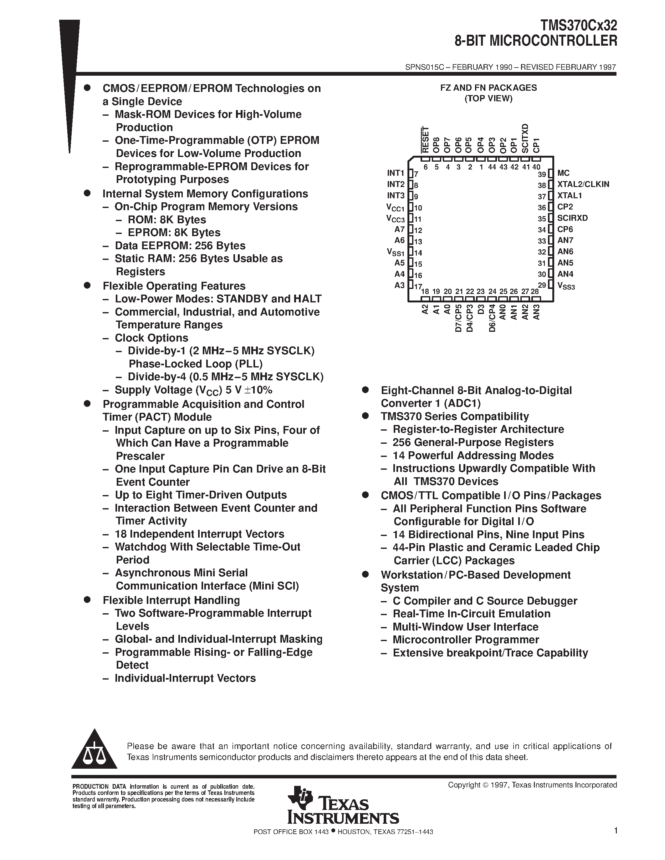 Datasheet TMS370CX32 page 1 Datasheet TMS370CX32 - 8-BIT MICROCONTROLLER page 1