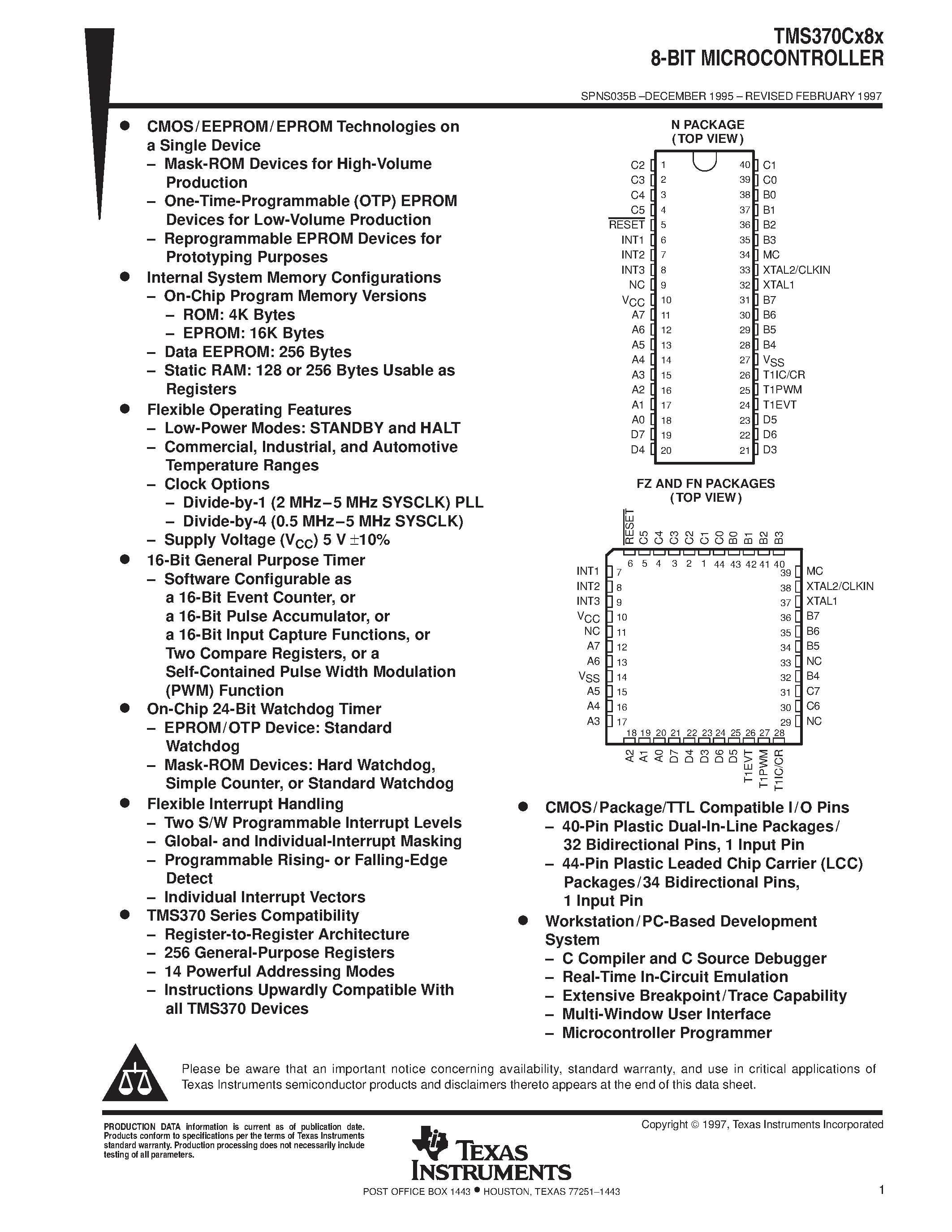 Datasheet TMS370CX8X - 8-BIT MICROCONTROLLER page 1