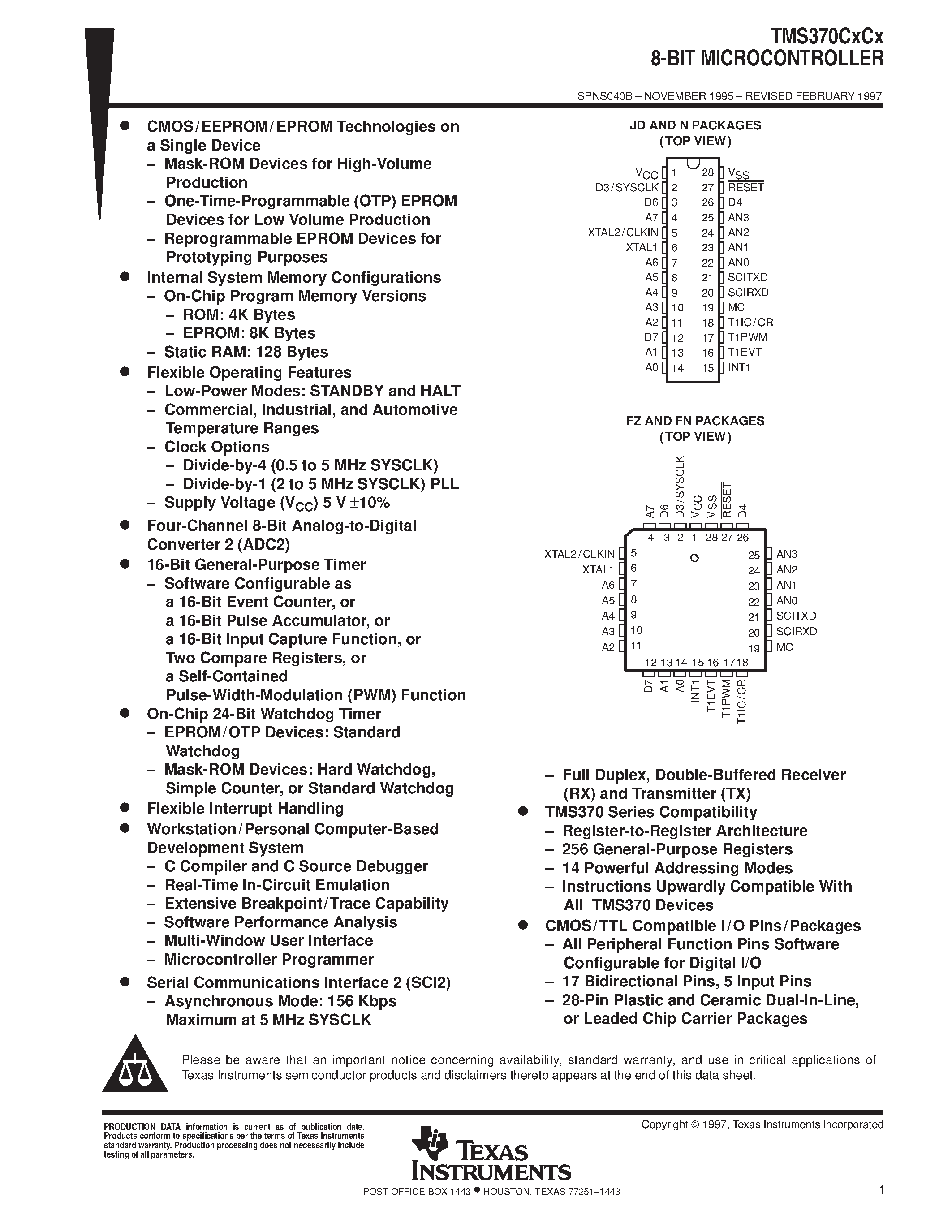 Datasheet TMS370CXCX - 8-BIT MICROCONTROLLER page 1