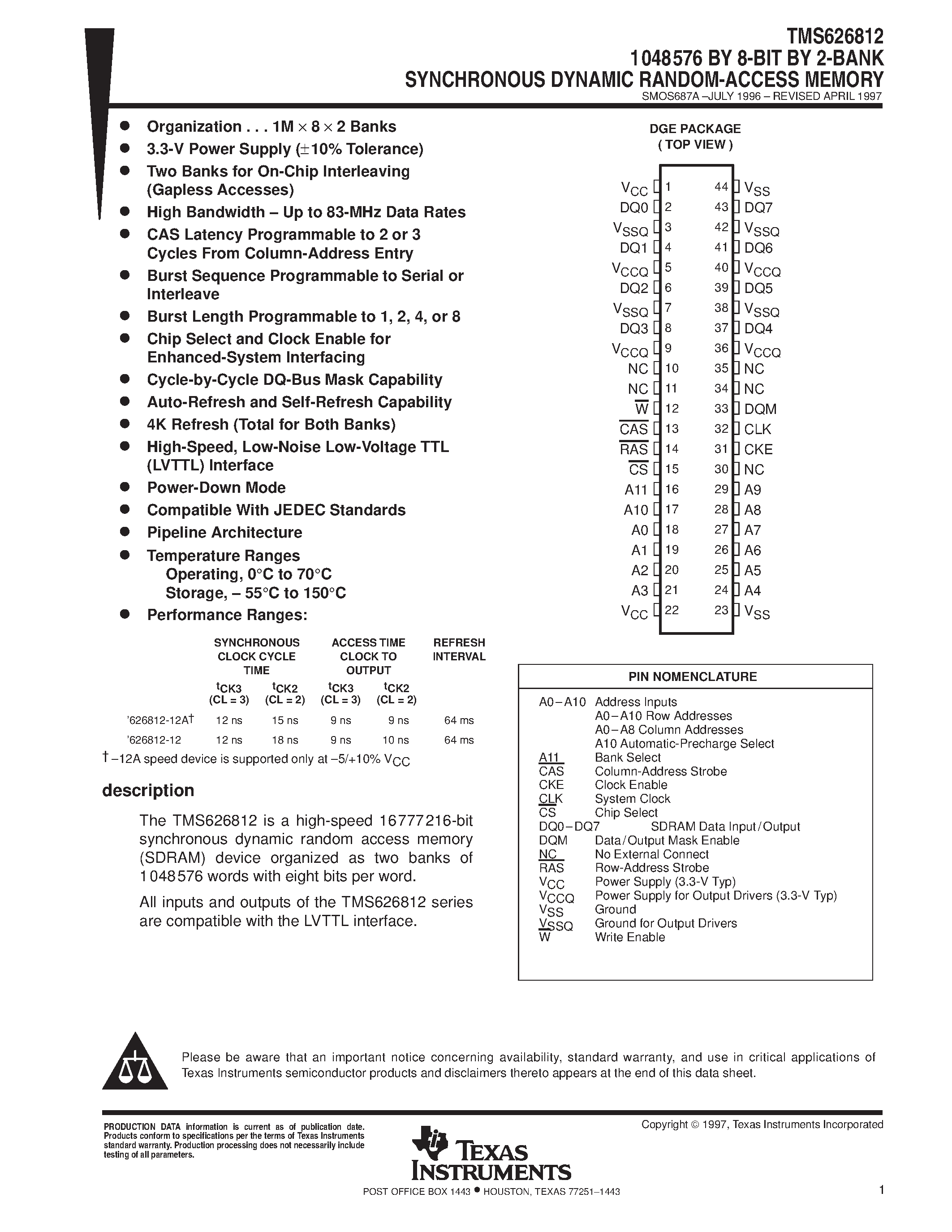 Datasheet TMS626812 - 1048576 BY 8-BIT BY 2-BANK SYNCHRONOUS DYNAMIC RANDOM-ACCESS MEMORY page 1