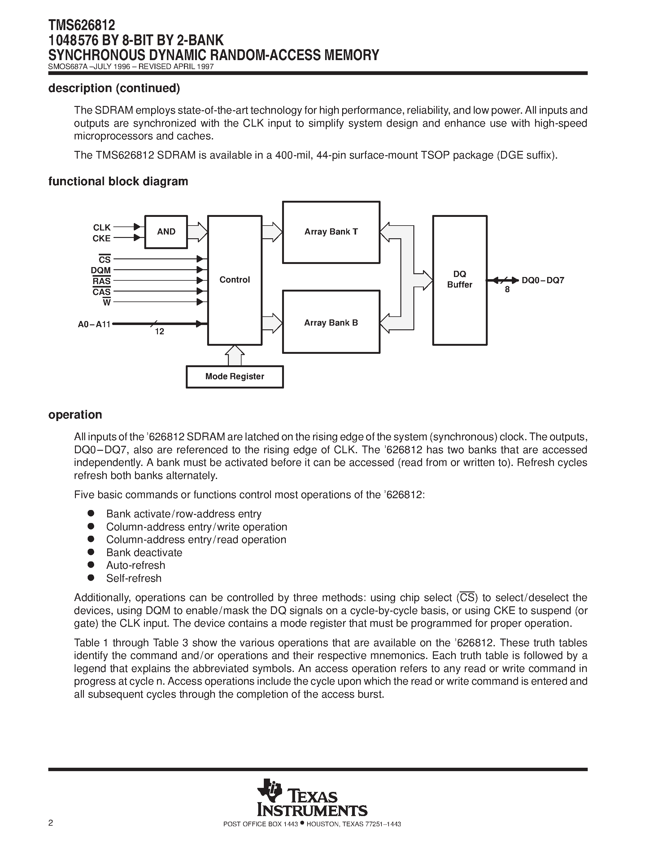 Datasheet TMS626812 - 1048576 BY 8-BIT BY 2-BANK SYNCHRONOUS DYNAMIC RANDOM-ACCESS MEMORY page 2
