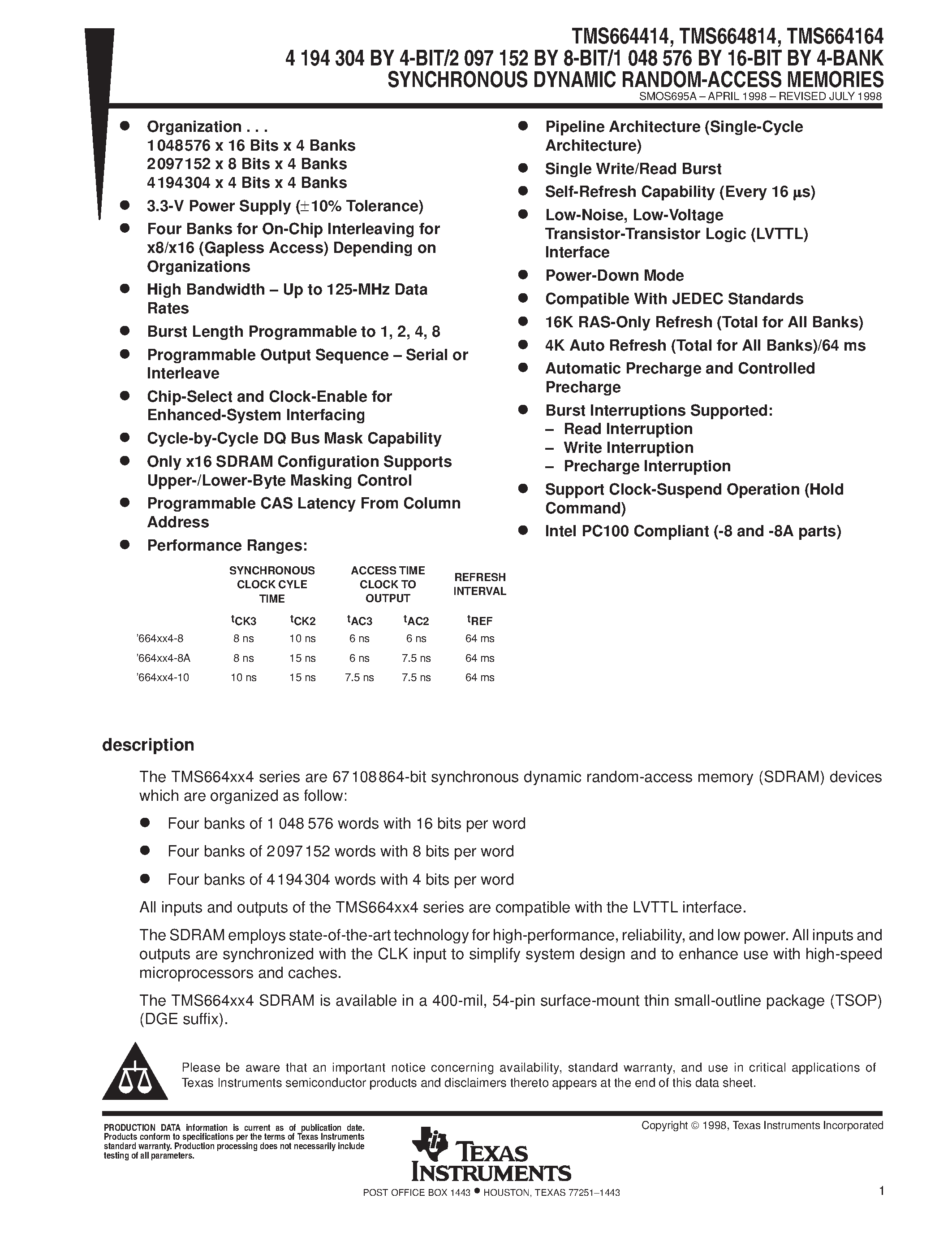 Datasheet TMS6648148A - 4 194 304 BY 4-BIT/2 097 152 BY 8-BIT/1 048 576 BY 16-BIT BY 4-BANK SYNCHRONOUS DYNAMIC RANDOM-ACCESS MEMORIES page 1