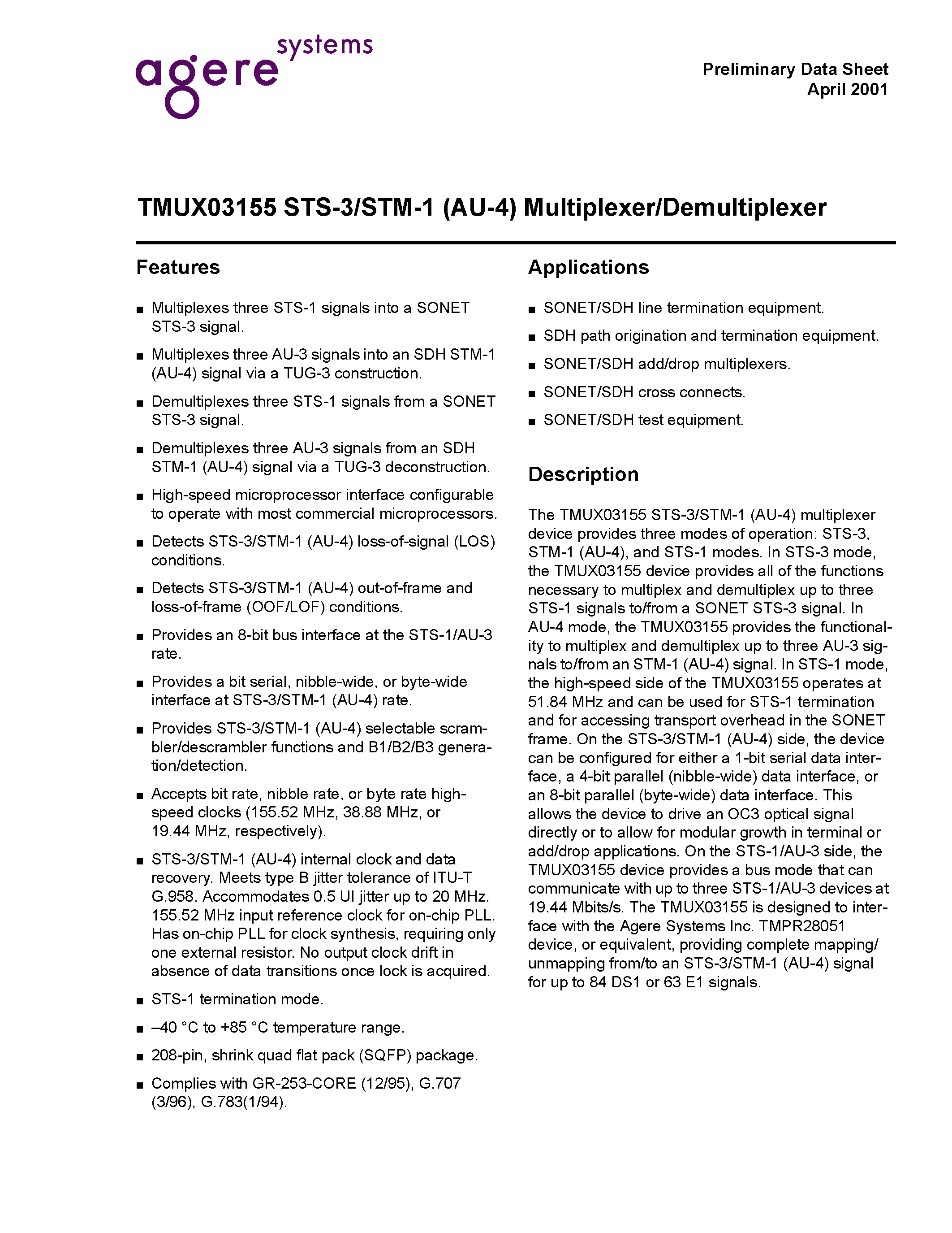 Даташит TMUX03155 - TMUX03155 STS-3/STM-1 (AU-4) Multiplexer/Demultiplexer страница 1