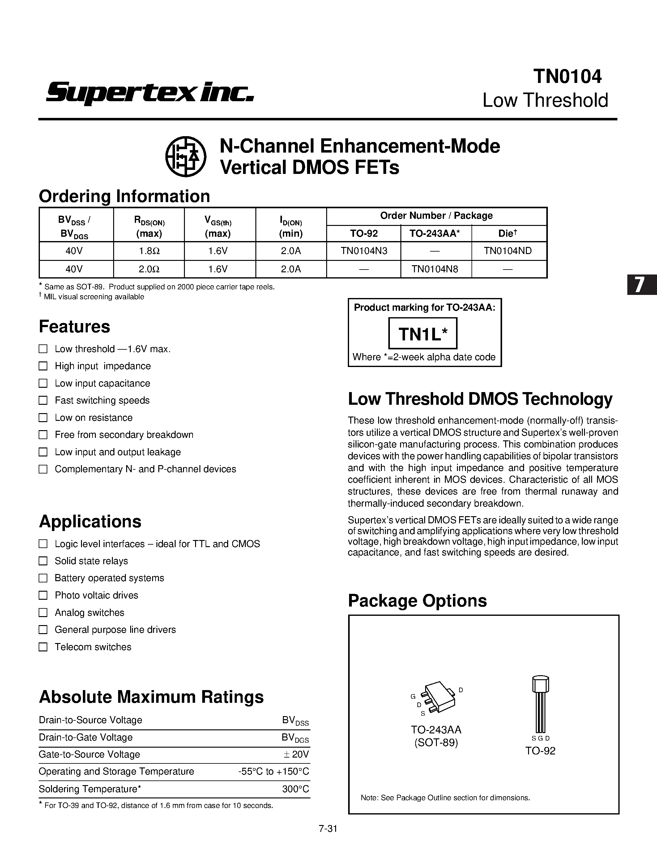 Datasheet TN0104 - N-Channel Enhancement-Mode Vertical DMOS FETs page 1