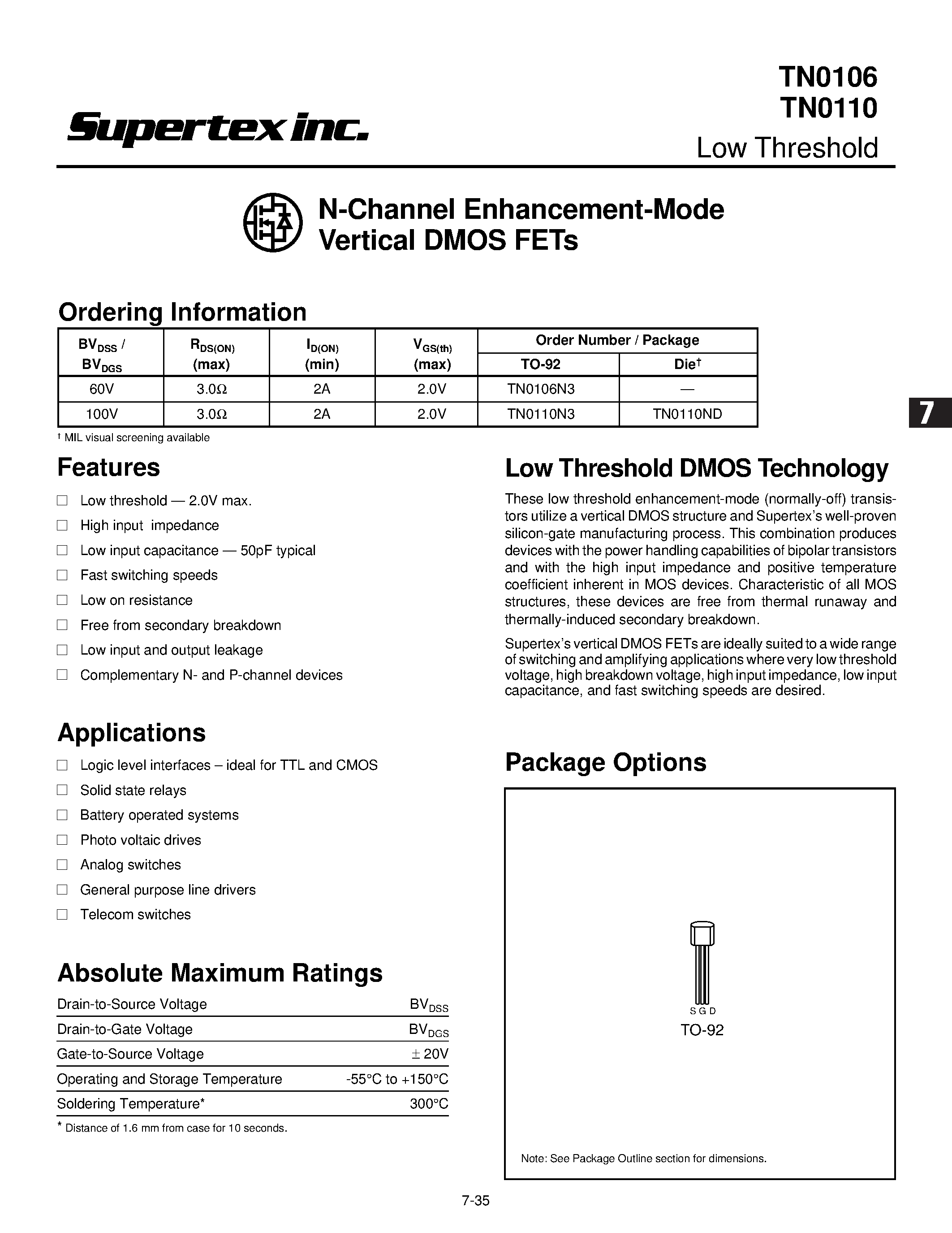 Datasheet TN0106 page 1 Datasheet TN0106 - N-Channel Enhancement-Mode Vertical DMOS FETs page 1
