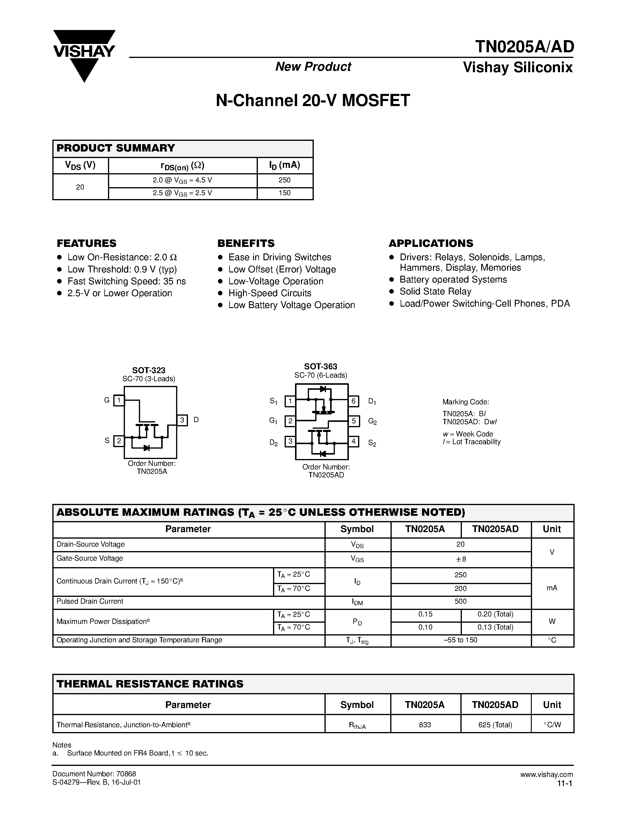 Даташит TN0205AD - N-Channel 20-V MOSFET страница 1