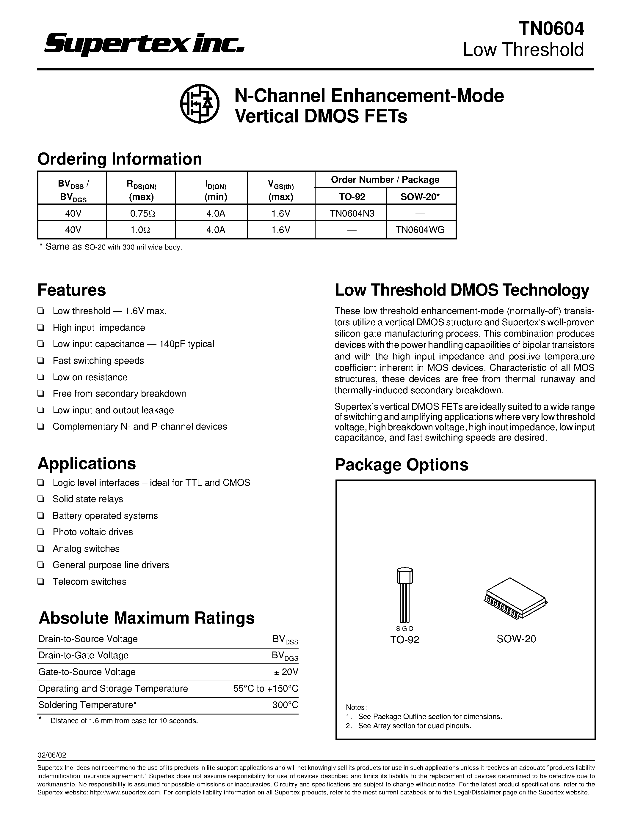 Datasheet TN0604N3 - N-Channel Enhancement-Mode Vertical DMOS FETs page 1