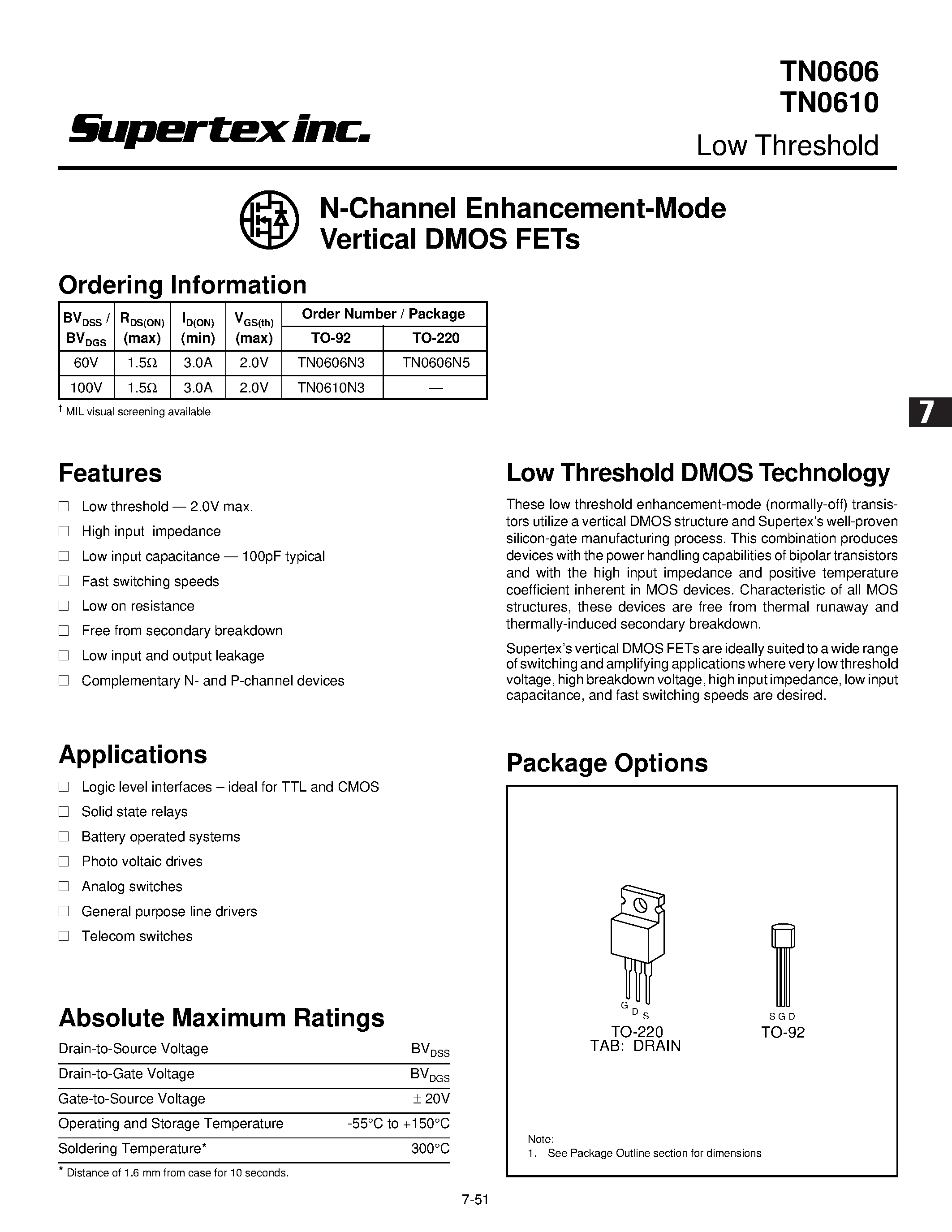 Datasheet TN0606 - N-Channel Enhancement-Mode Vertical DMOS FETs page 1