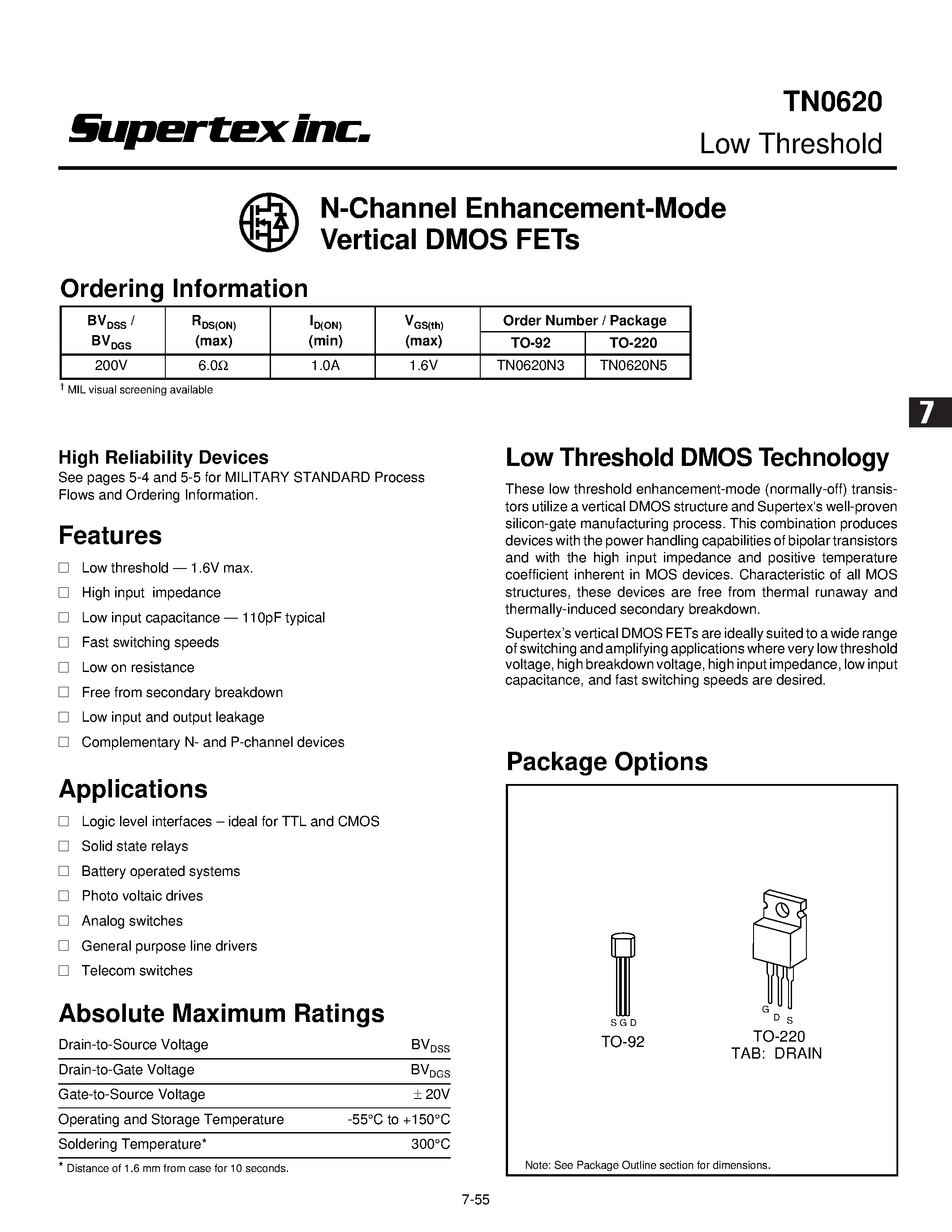 Datasheet TN0620N3 - N-Channel Enhancement-Mode Vertical DMOS FETs page 1