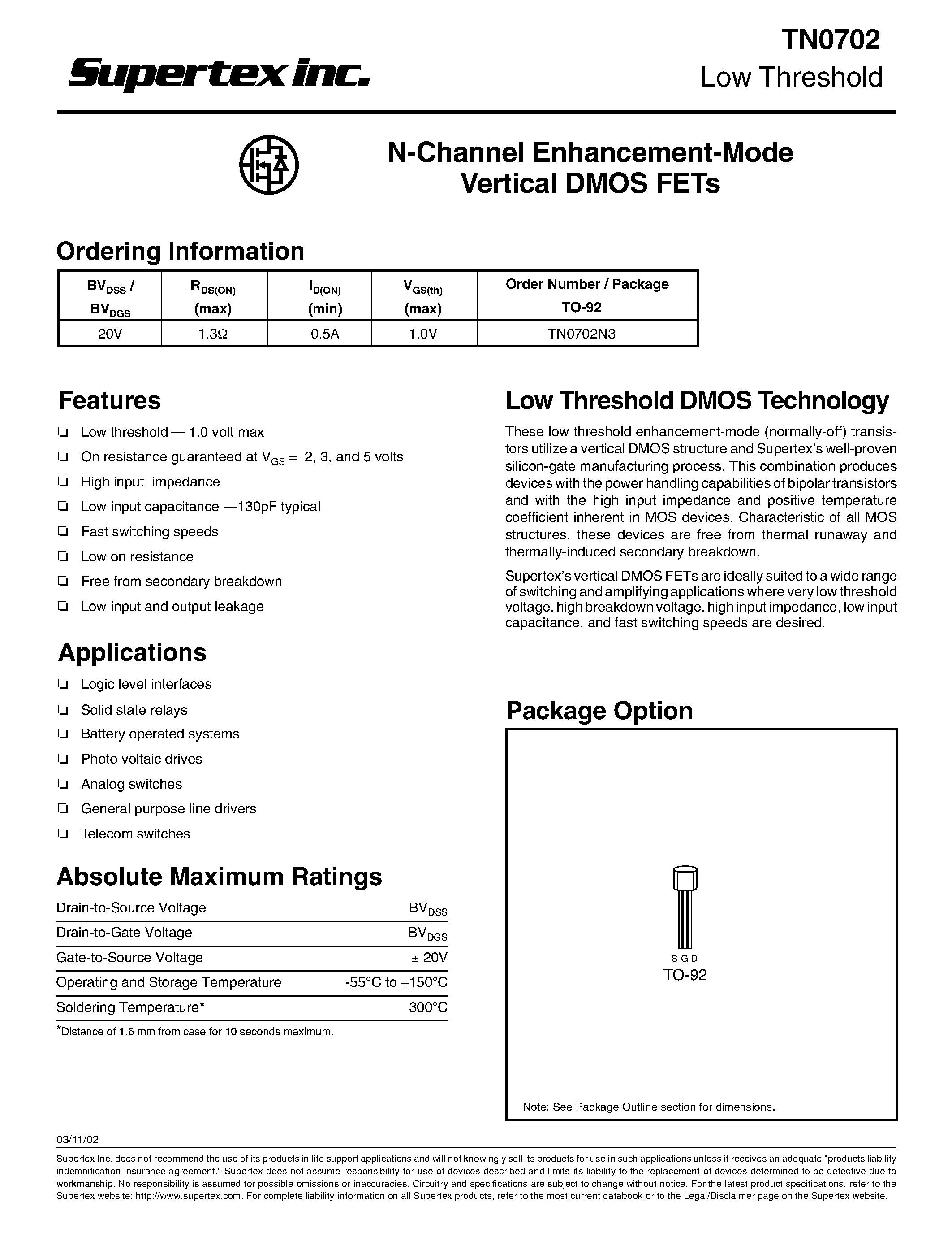 Datasheet TN0702 page 1 Datasheet TN0702 - N-Channel Enhancement-Mode Vertical DMOS FETs page 1