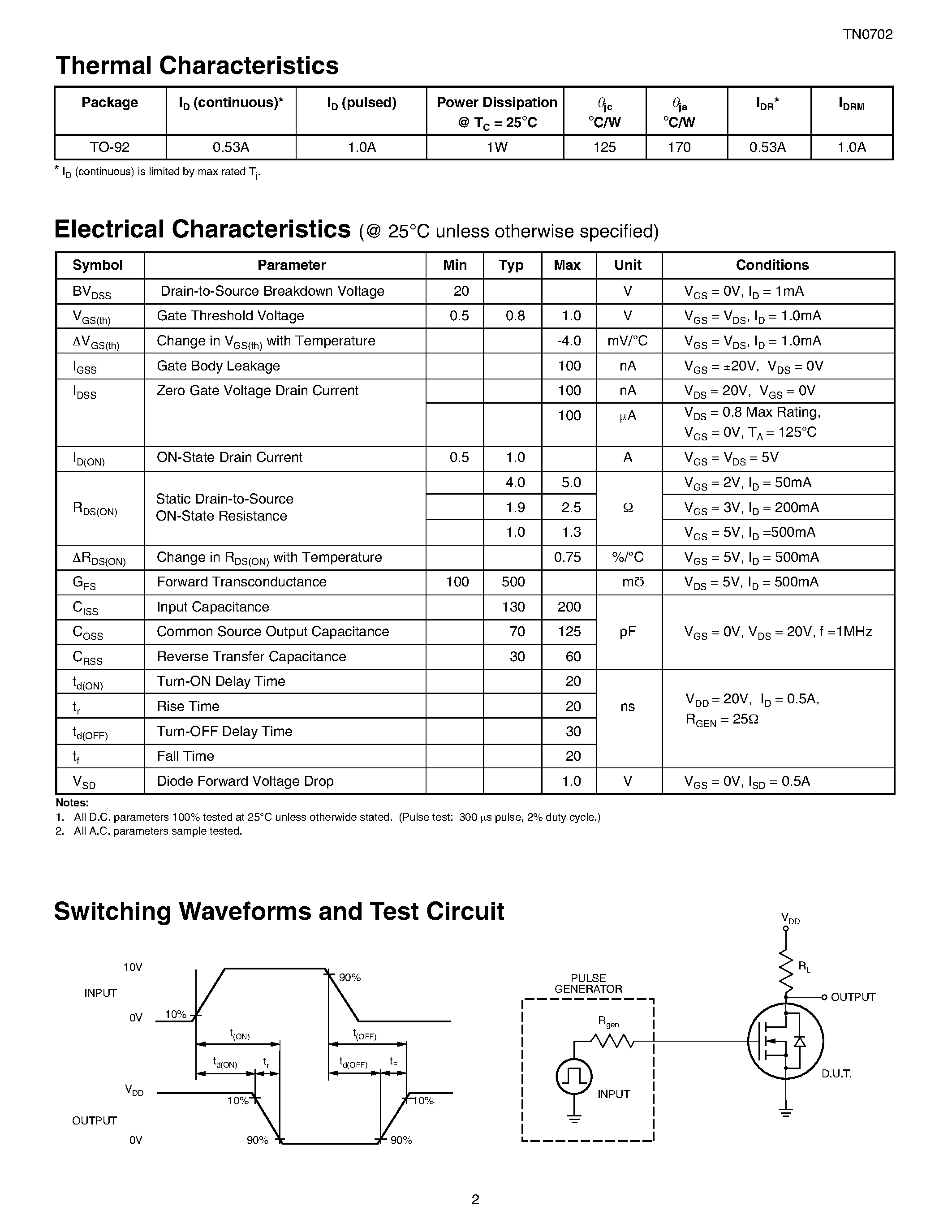 Datasheet TN0702 page 2 Datasheet TN0702 - N-Channel Enhancement-Mode Vertical DMOS FETs page 2