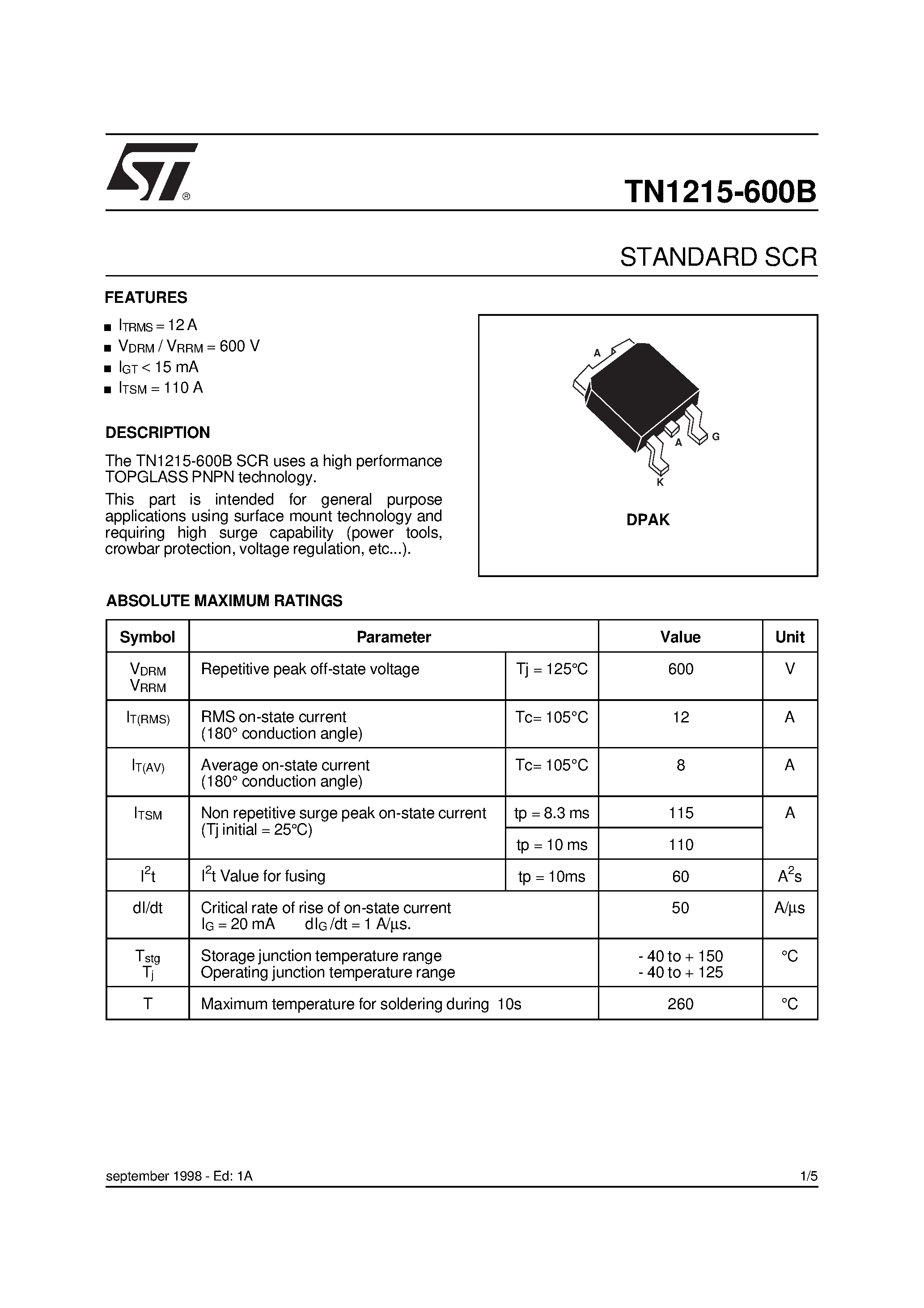 Даташит на микросхему TN1215-600B страница 1 Даташит TN1215-600B - STANDARD SCR страница 1