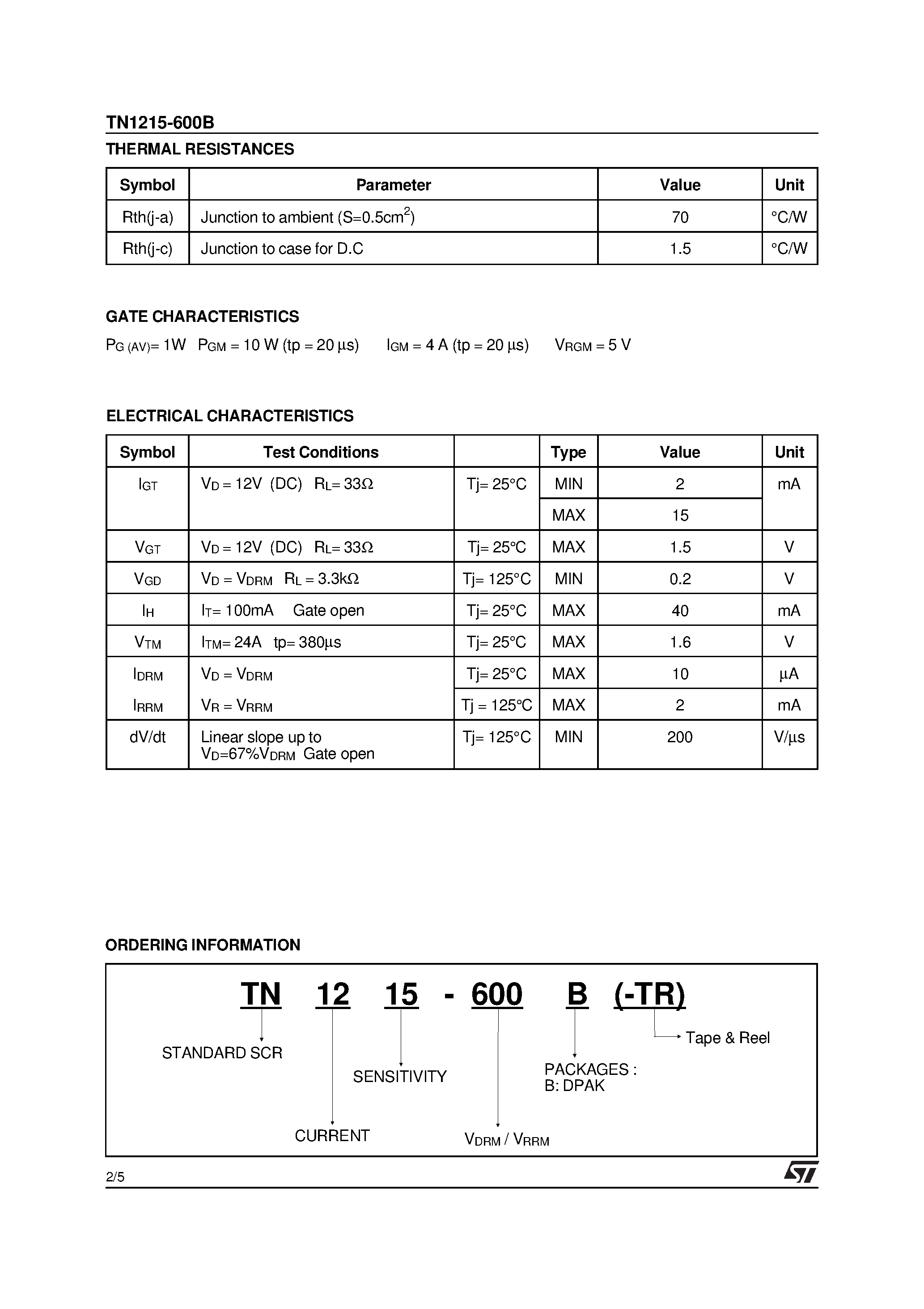 Даташит на микросхему TN1215-600B страница 2 Даташит TN1215-600B - STANDARD SCR страница 2