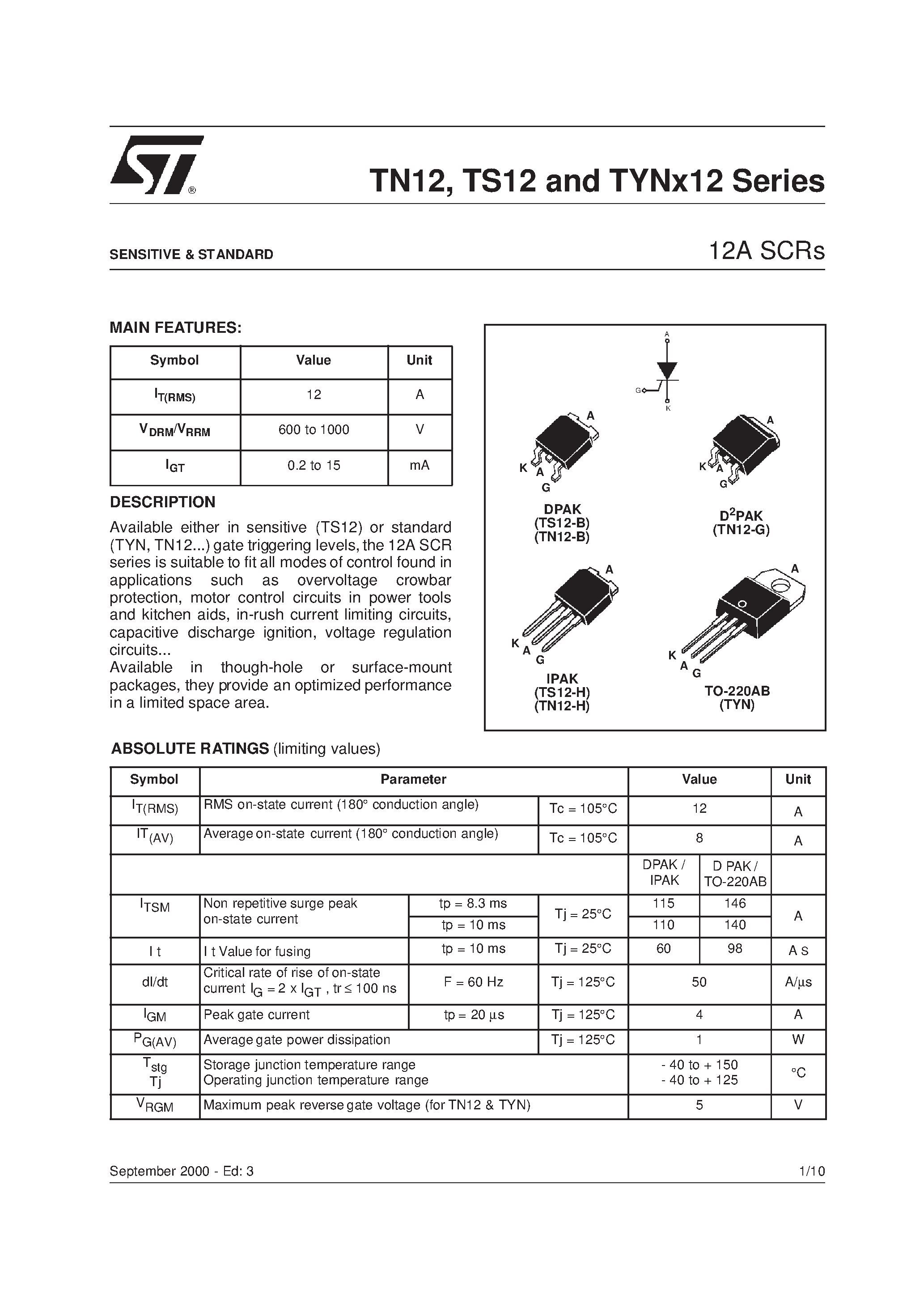 Даташит TN1215-600G-TR - SENSITIVE & STANDARD(12A SCRs) страница 1