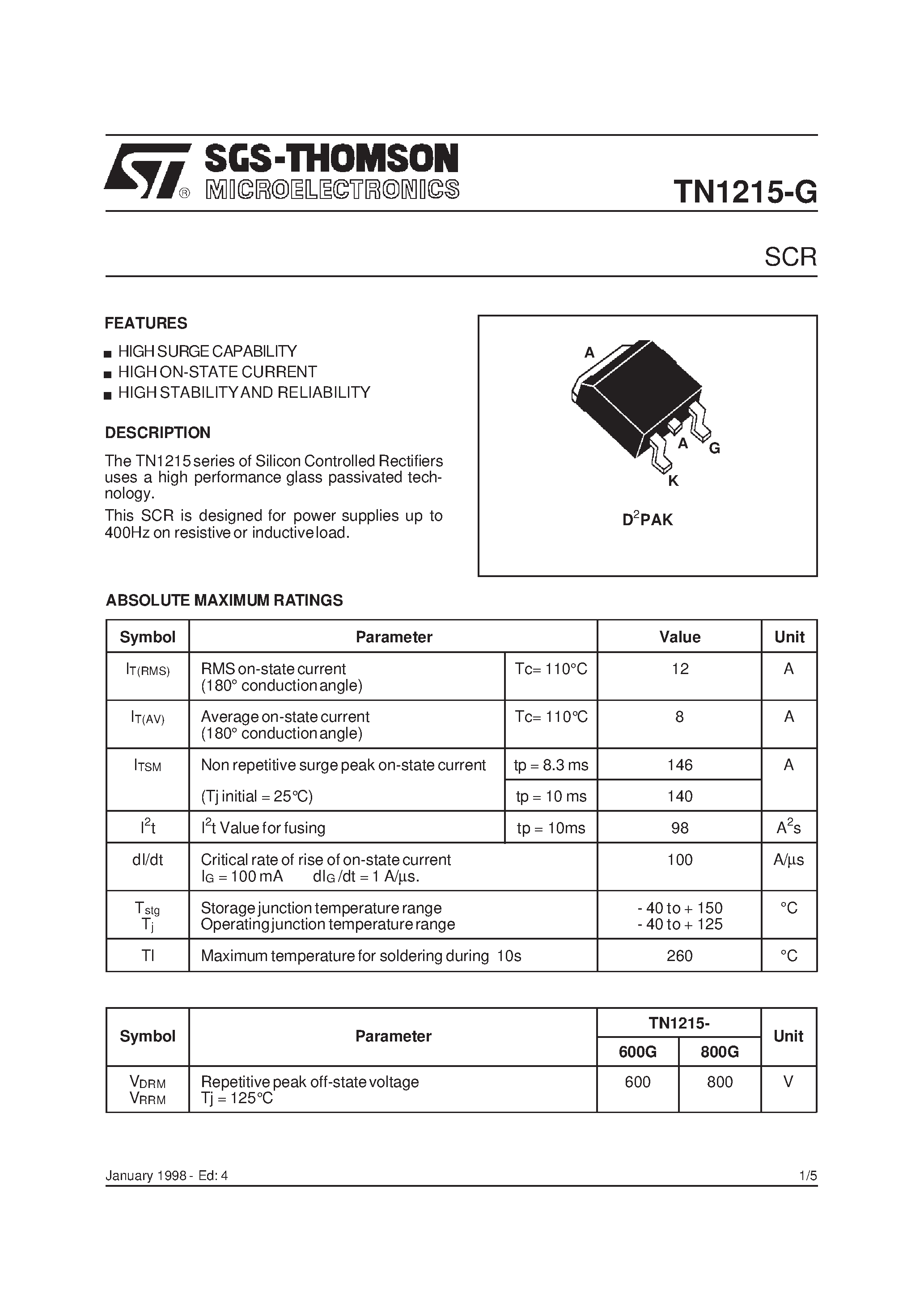 Даташит на микросхему TN1215-G страница 1 Даташит TN1215-G - SCR страница 1