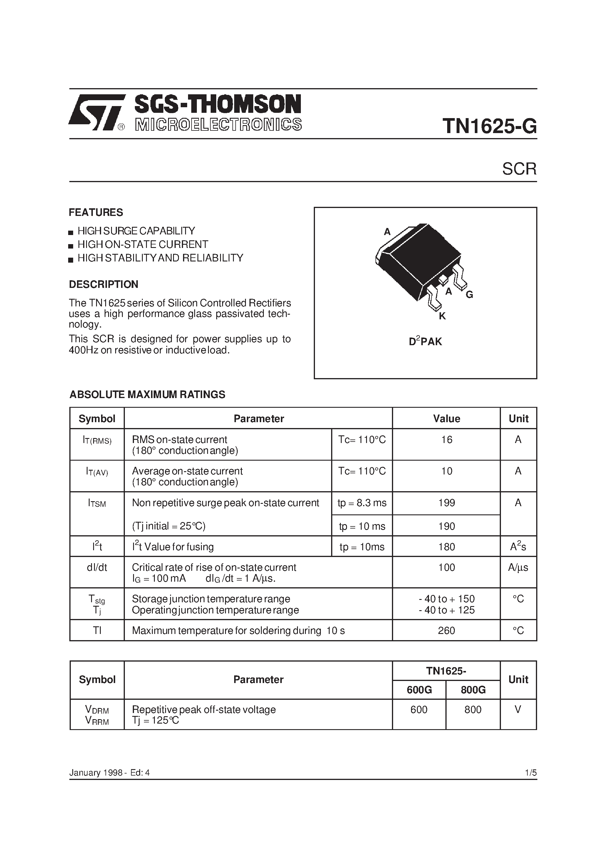 Даташит на микросхему TN1625-G страница 1 Даташит TN1625-G - SCR страница 1