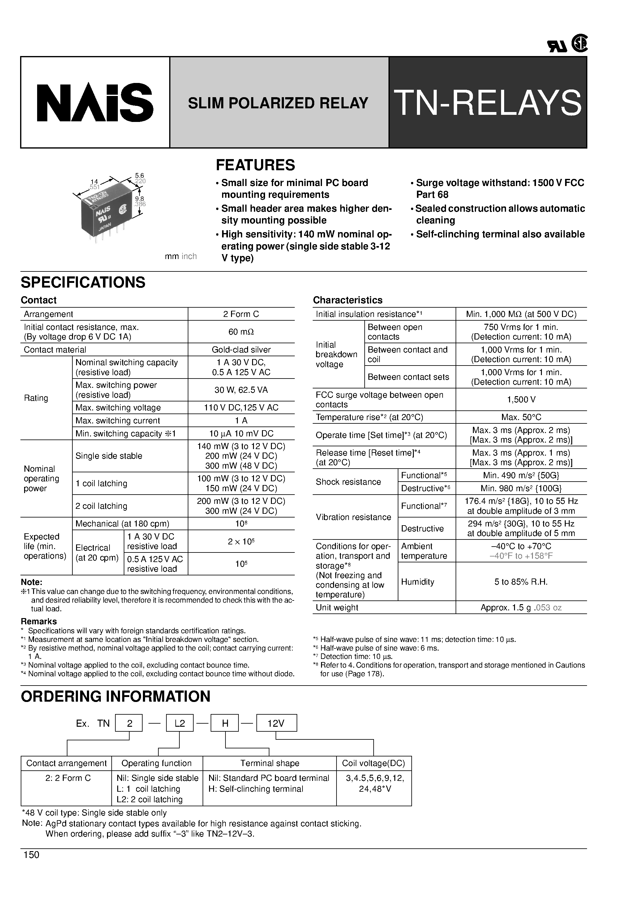 Datasheet TN2-L-H-4V page 1 Datasheet TN2-L-H-4V - SLIM POLARIZED RELAY page 1