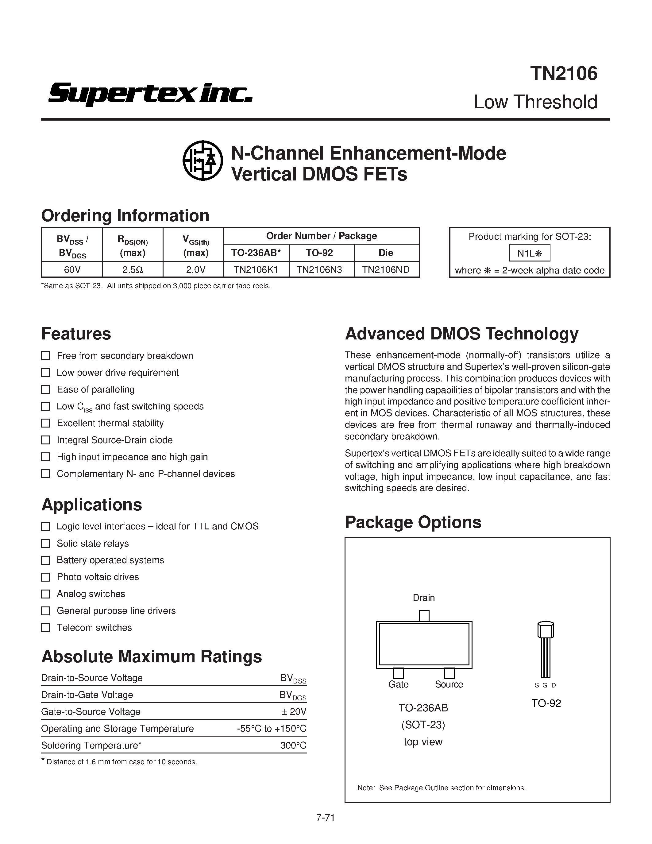 Datasheet TN2106 - N-Channel Enhancement-Mode Vertical DMOS FETs page 1
