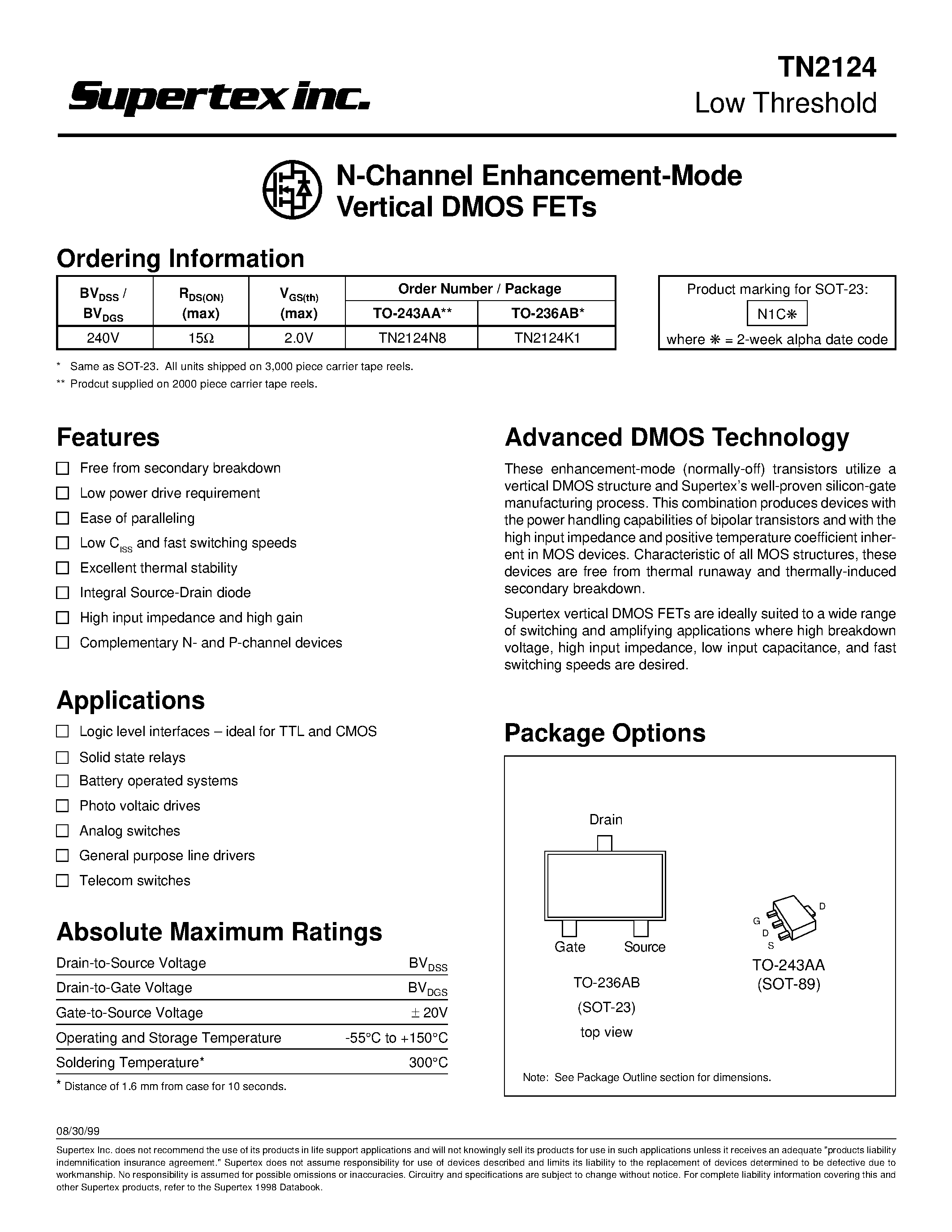Datasheet TN2124K1 - N-Channel Enhancement-Mode Vertical DMOS FETs page 1