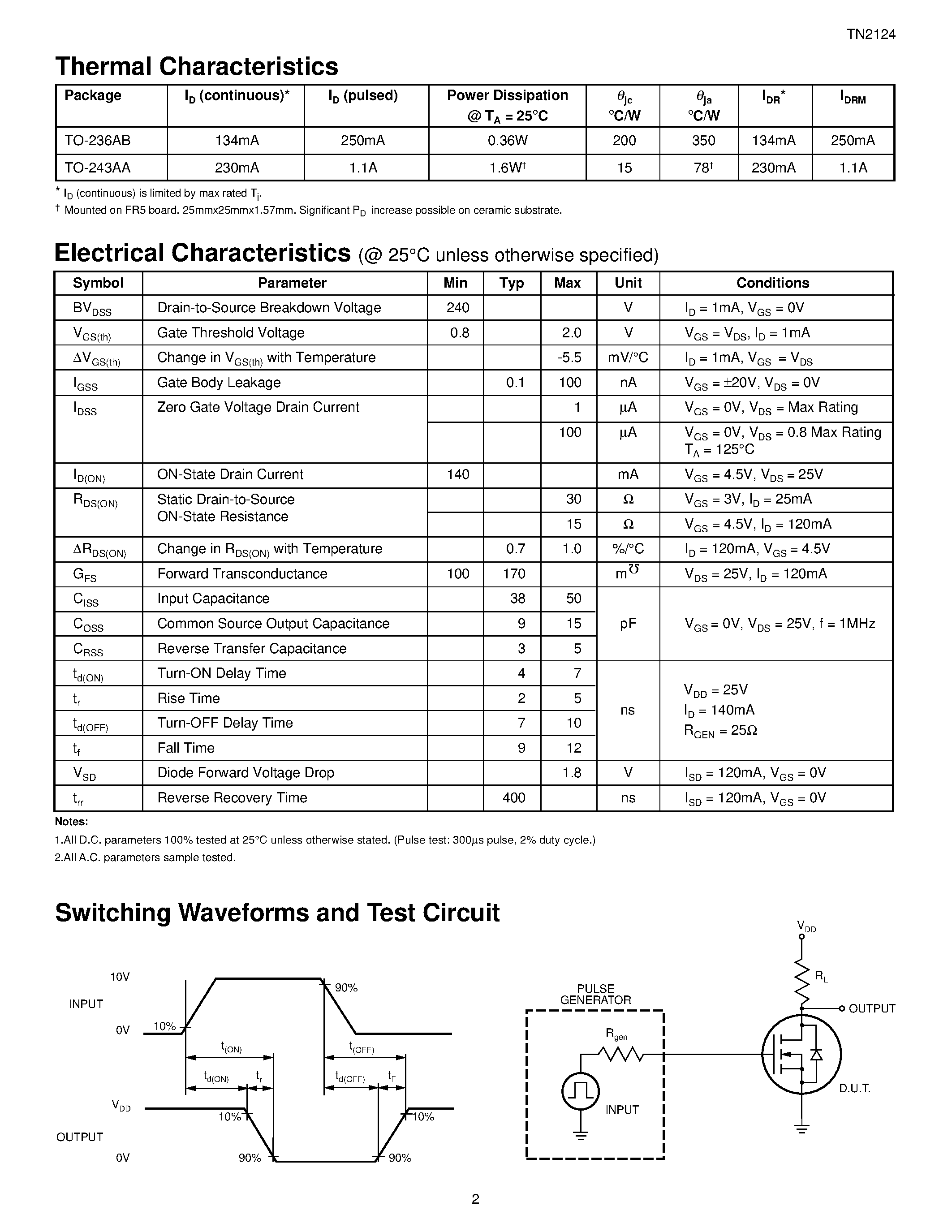 Datasheet TN2124N8 - N-Channel Enhancement-Mode Vertical DMOS FETs page 2