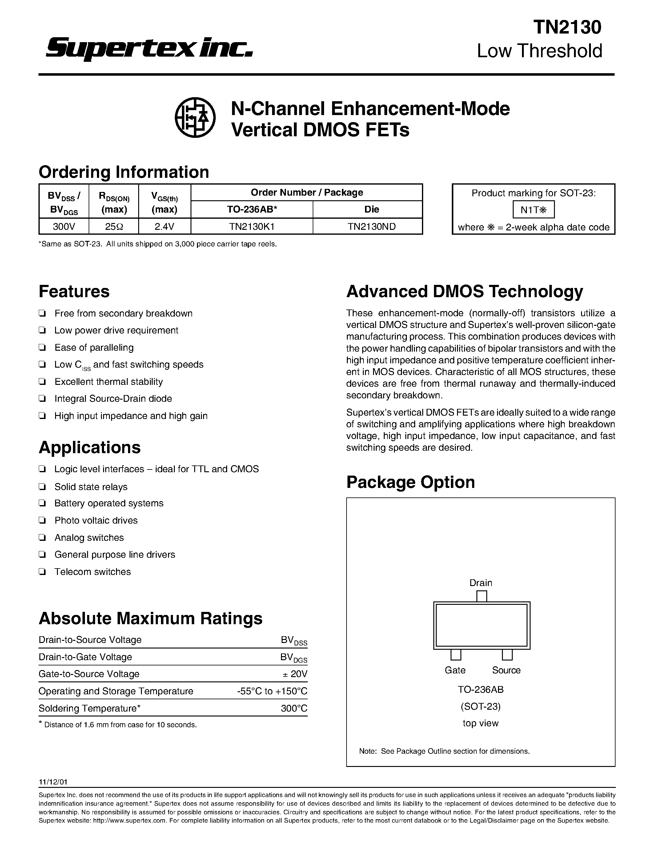 Datasheet TN2130 page 1 Datasheet TN2130 - N-Channel Enhancement-Mode Vertical DMOS FETs page 1