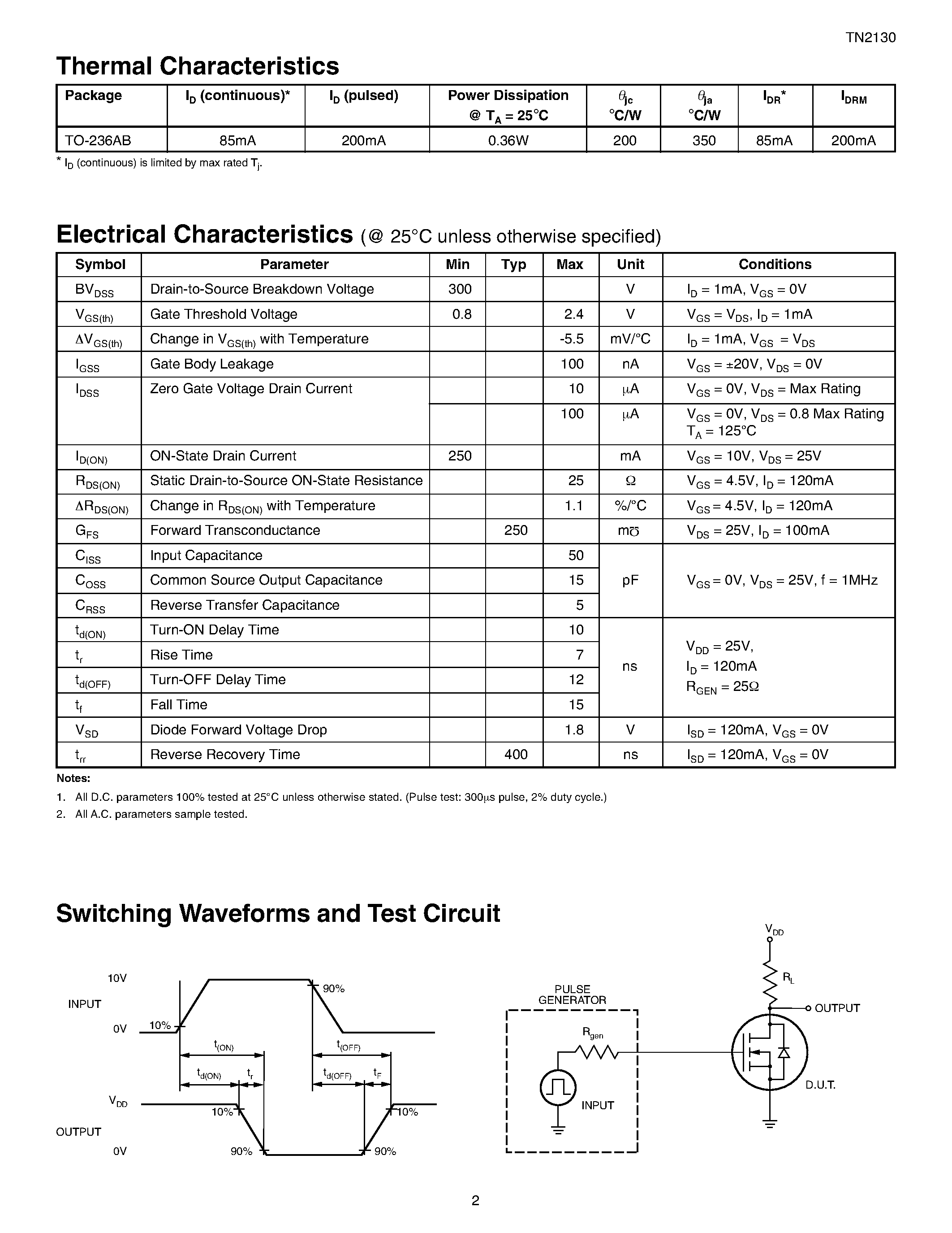 Datasheet TN2130 page 2 Datasheet TN2130 - N-Channel Enhancement-Mode Vertical DMOS FETs page 2