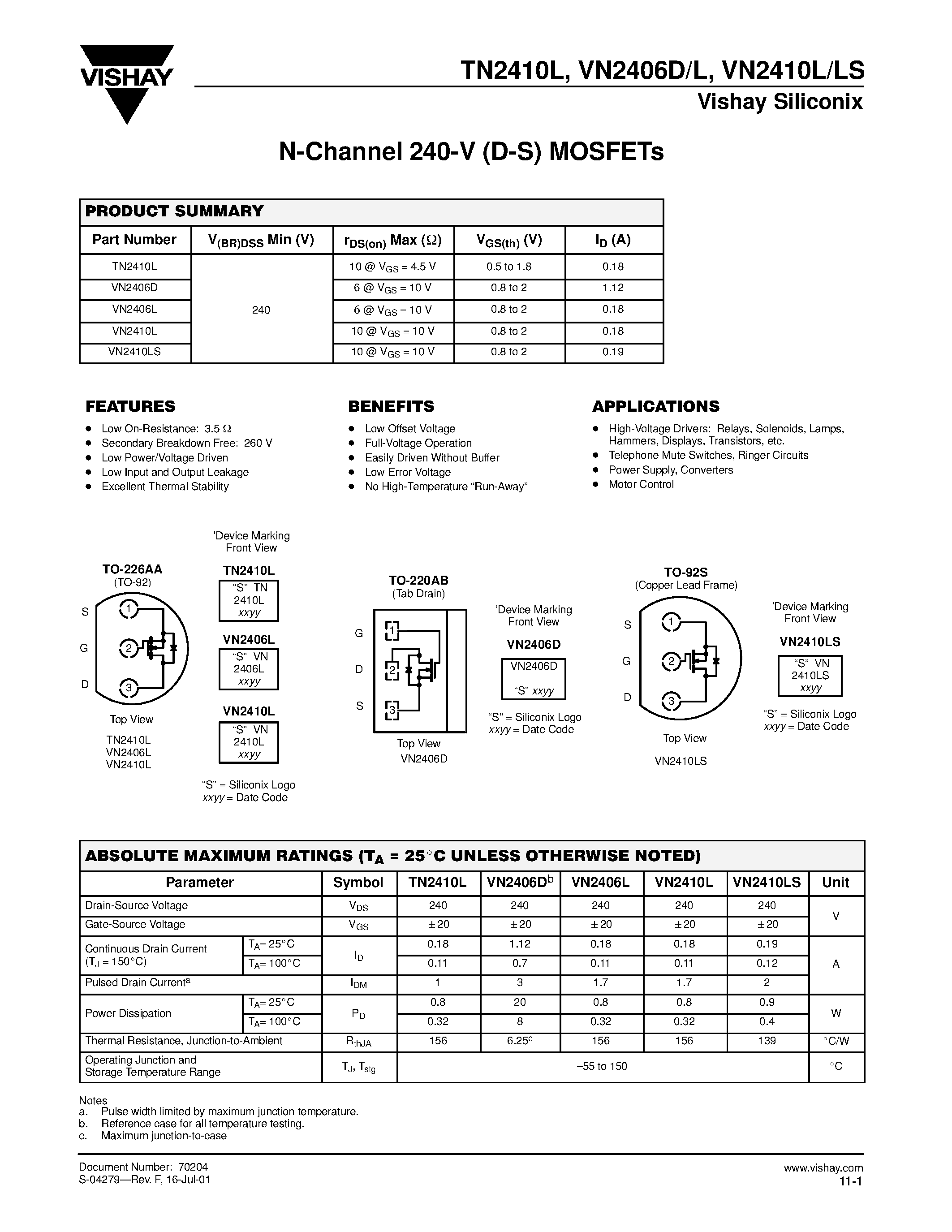 Даташит на микросхему TN2410L страница 1 Даташит TN2410L - N-Channel 240-V (D-S) MOSFETs страница 1