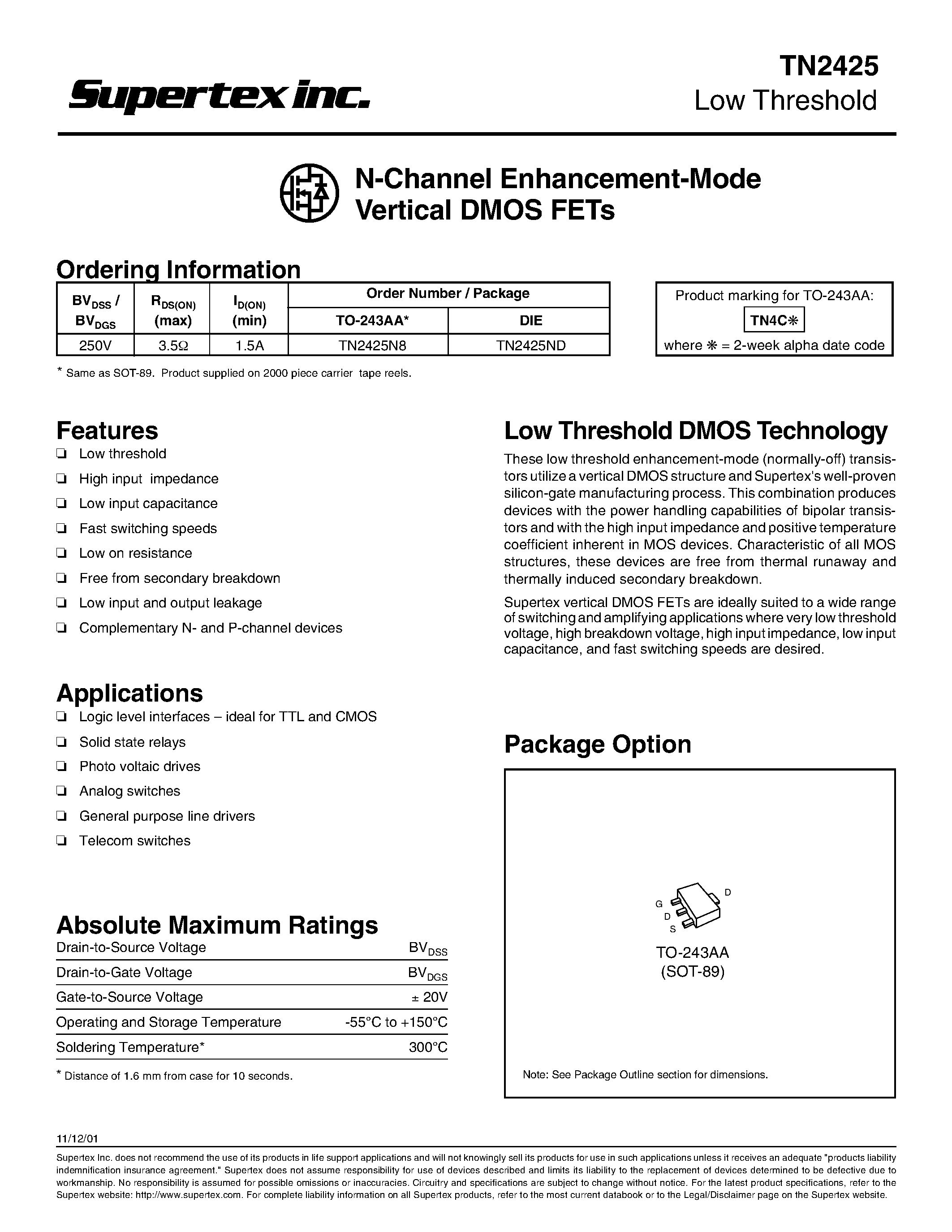 Datasheet TN2425 - N-Channel Enhancement-Mode Vertical DMOS FETs page 1