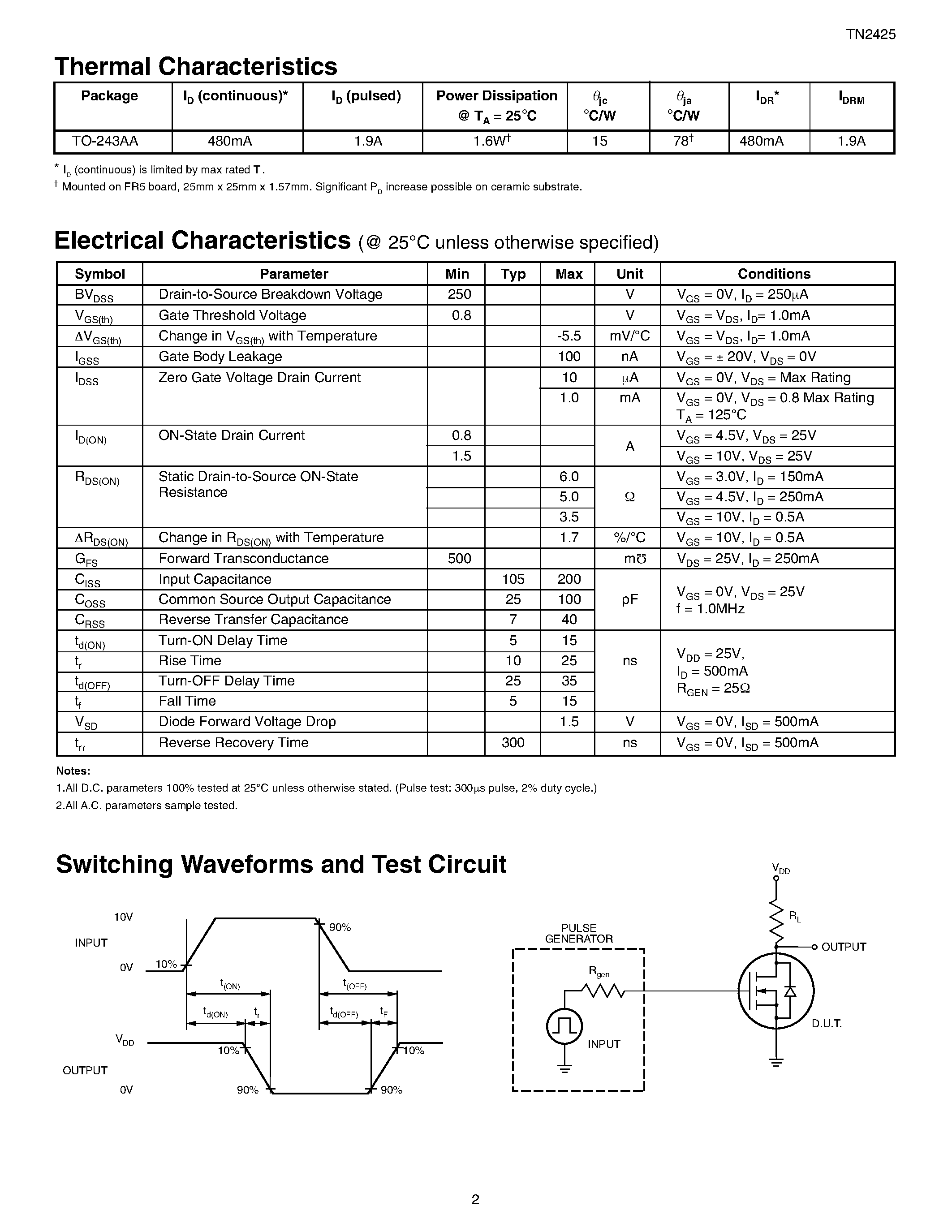 Datasheet TN2425 - N-Channel Enhancement-Mode Vertical DMOS FETs page 2