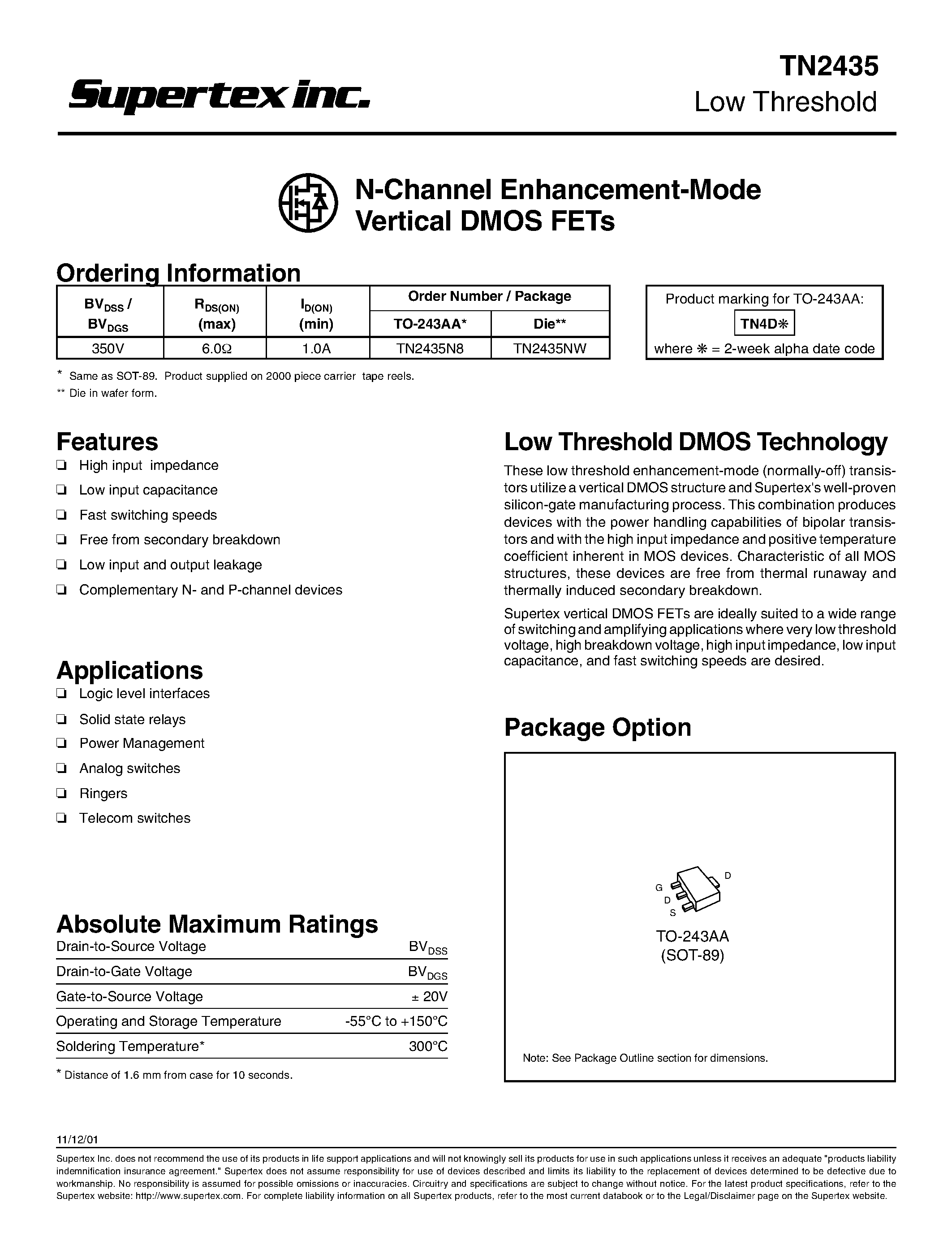 Datasheet TN2435 - N-Channel Enhancement-Mode Vertical DMOS FETs page 1