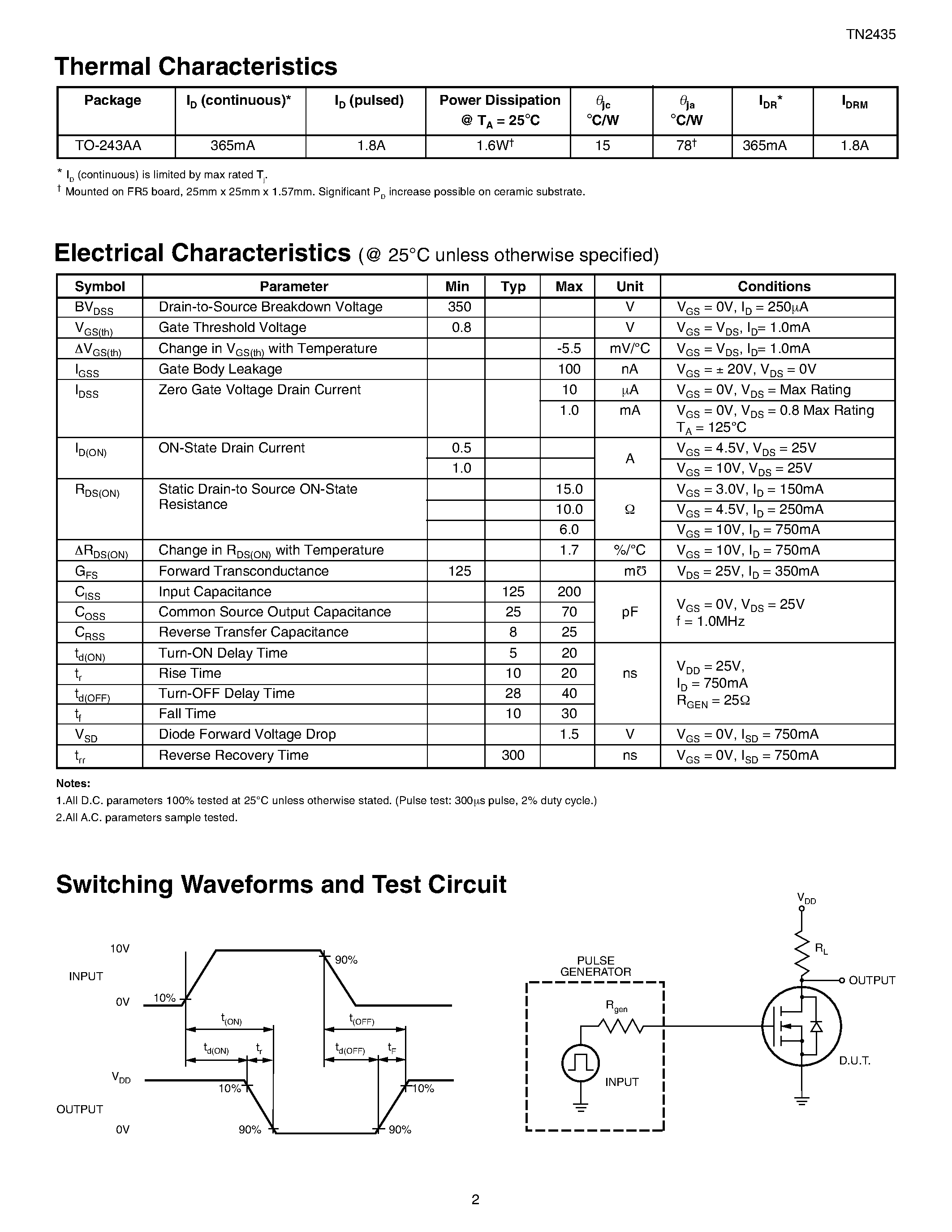 Datasheet TN2435 - N-Channel Enhancement-Mode Vertical DMOS FETs page 2