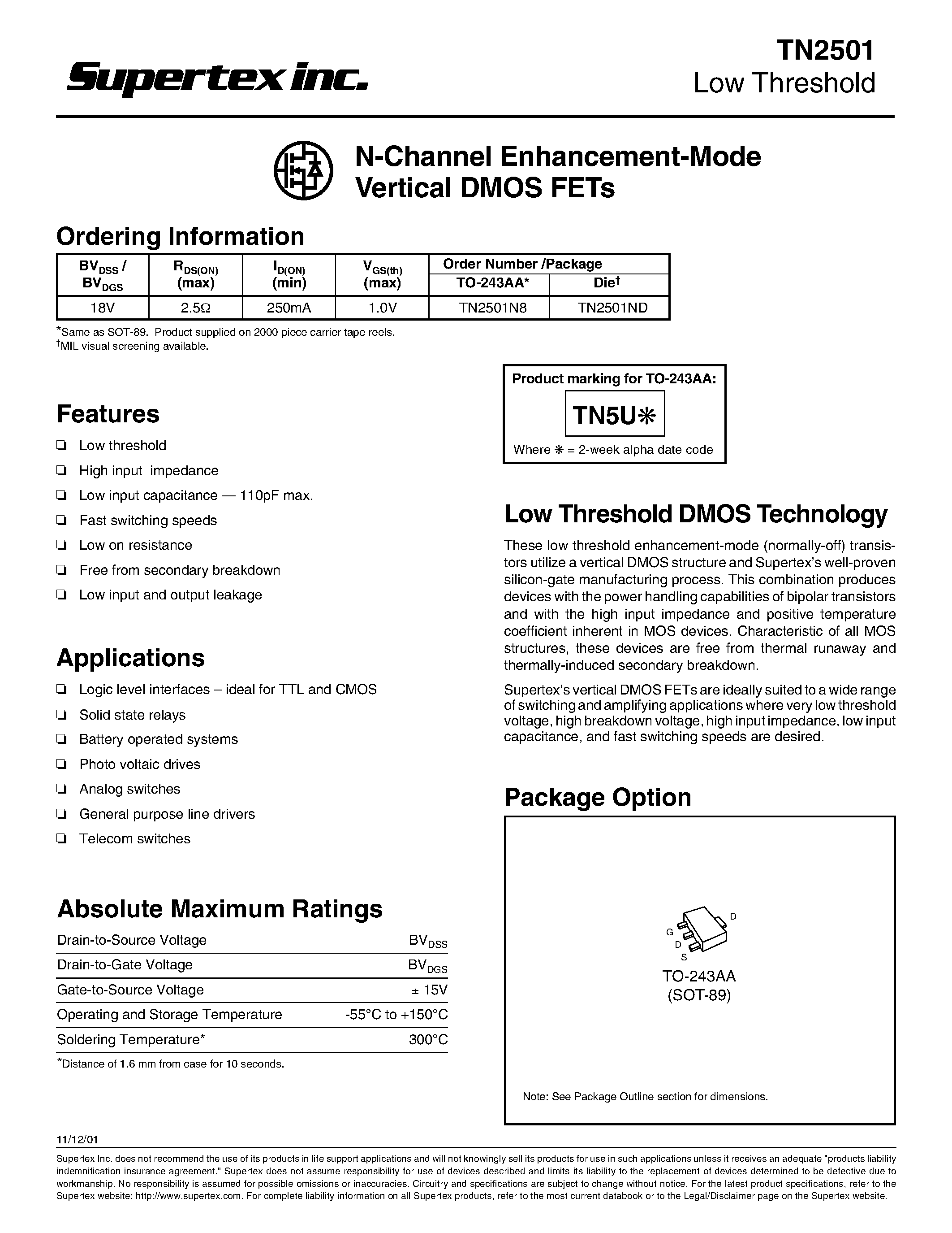 Datasheet TN2501 - N-Channel Enhancement-Mode Vertical DMOS FETs page 1