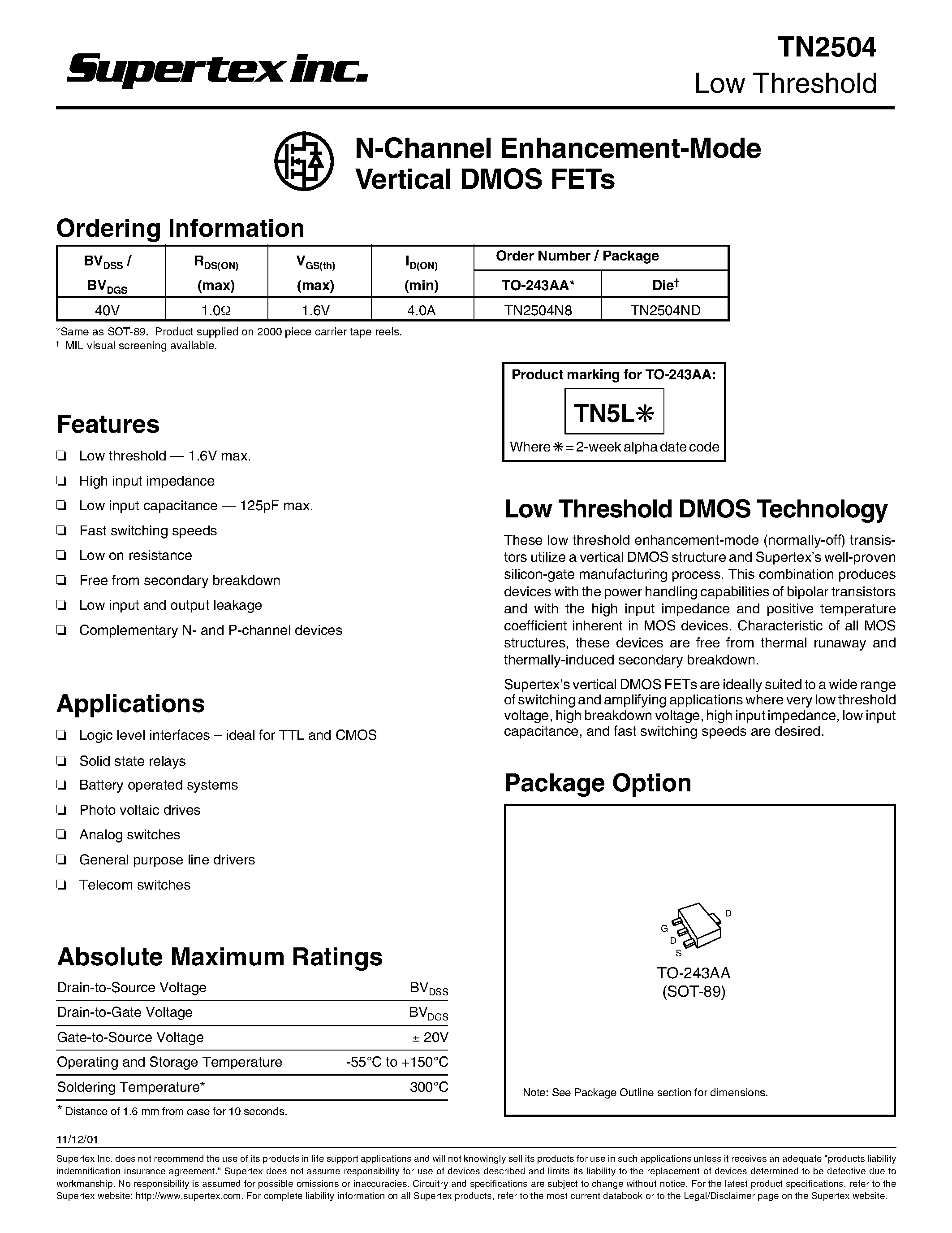 Datasheet TN2504 - N-Channel Enhancement-Mode Vertical DMOS FETs page 1