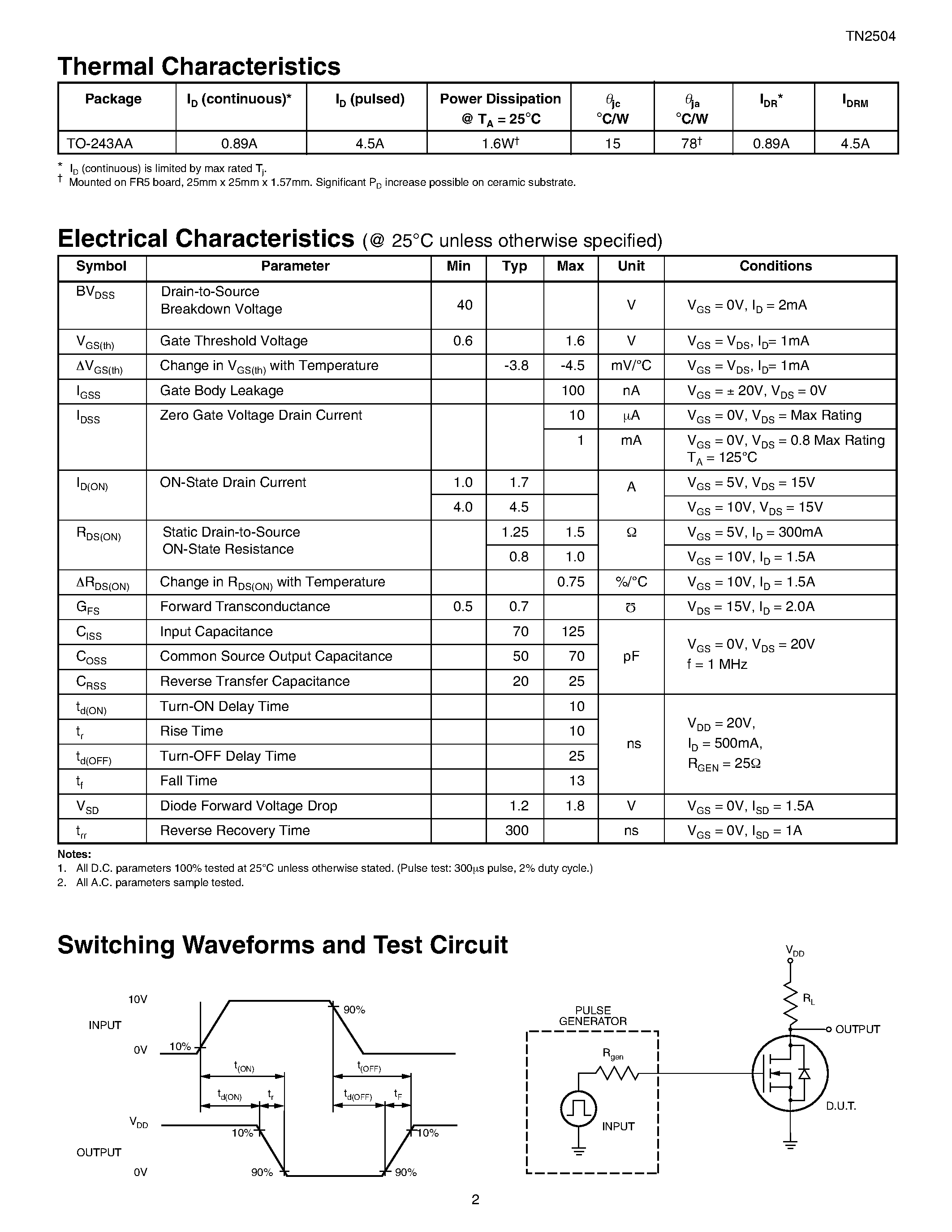Datasheet TN2504 - N-Channel Enhancement-Mode Vertical DMOS FETs page 2