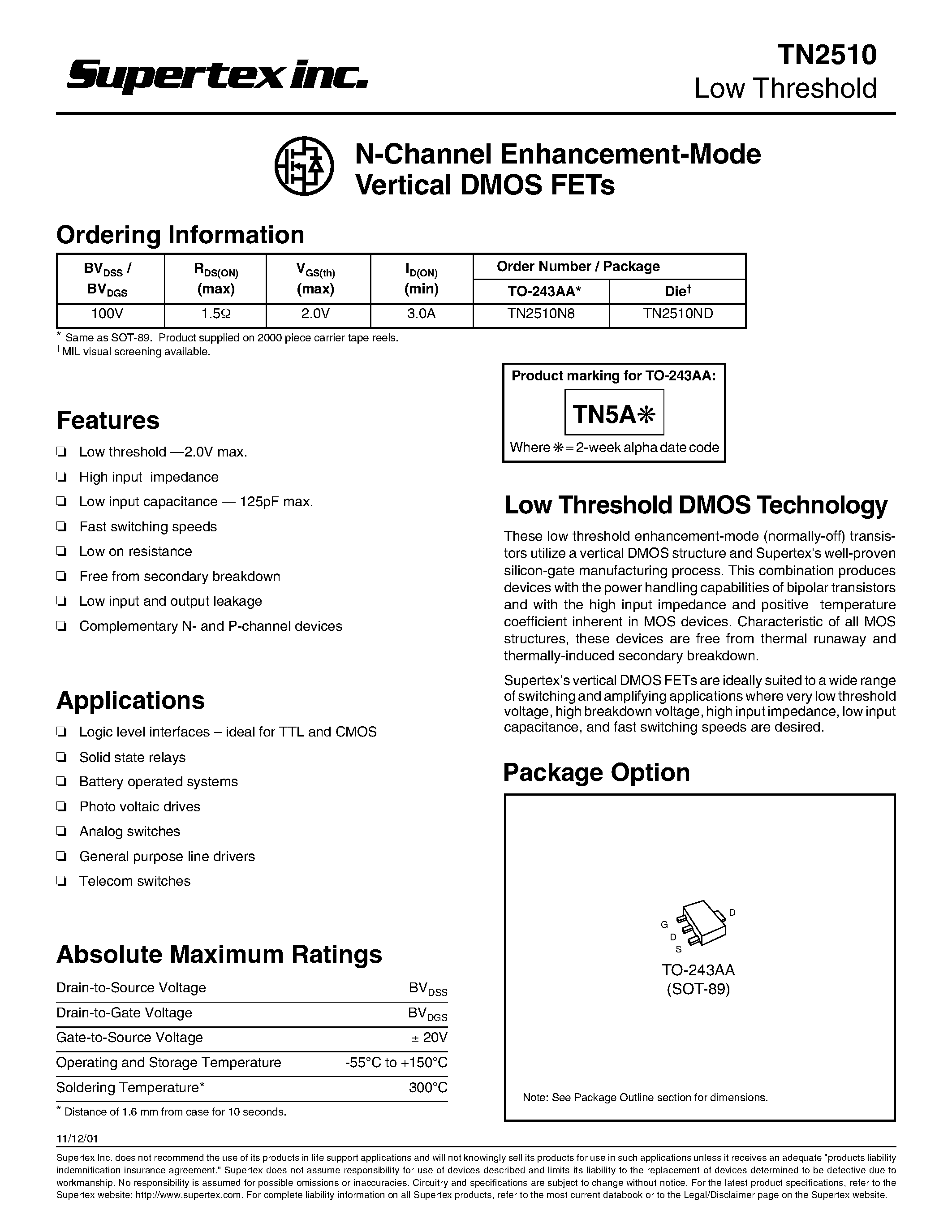 Datasheet TN2510 - N-Channel Enhancement-Mode Vertical DMOS FETs page 1