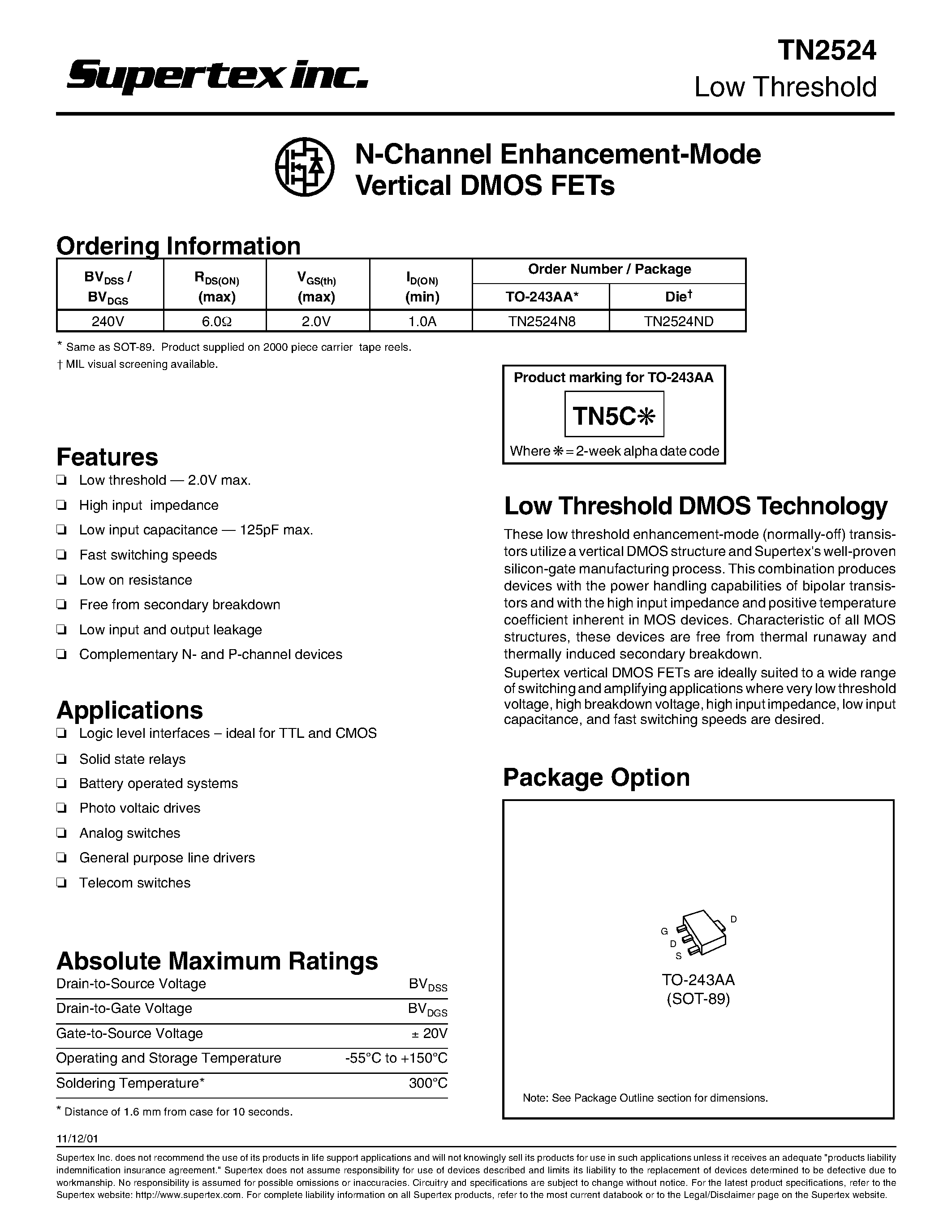 Datasheet TN2524 - N-Channel Enhancement-Mode Vertical DMOS FETs page 1