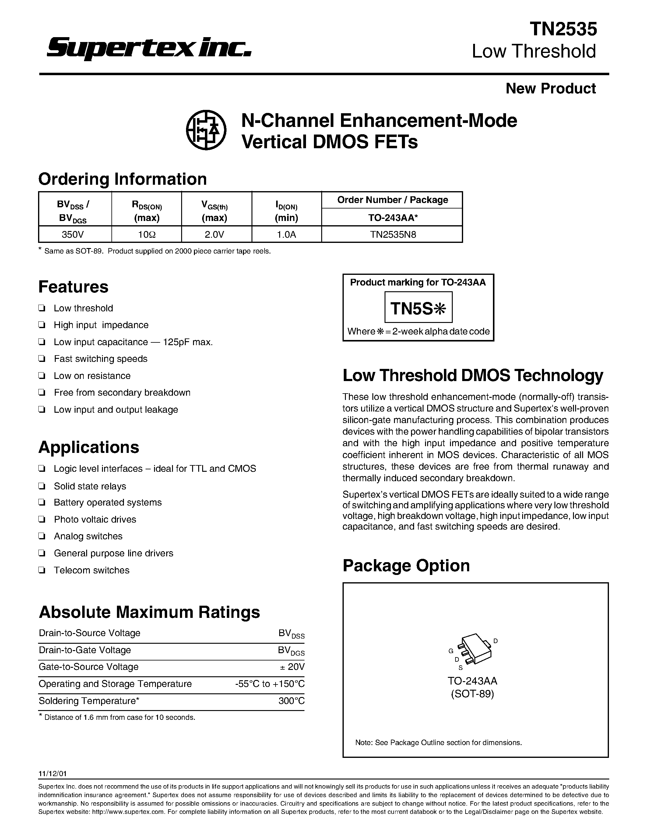 Datasheet TN2535 - N-Channel Enhancement-Mode Vertical DMOS FETs page 1