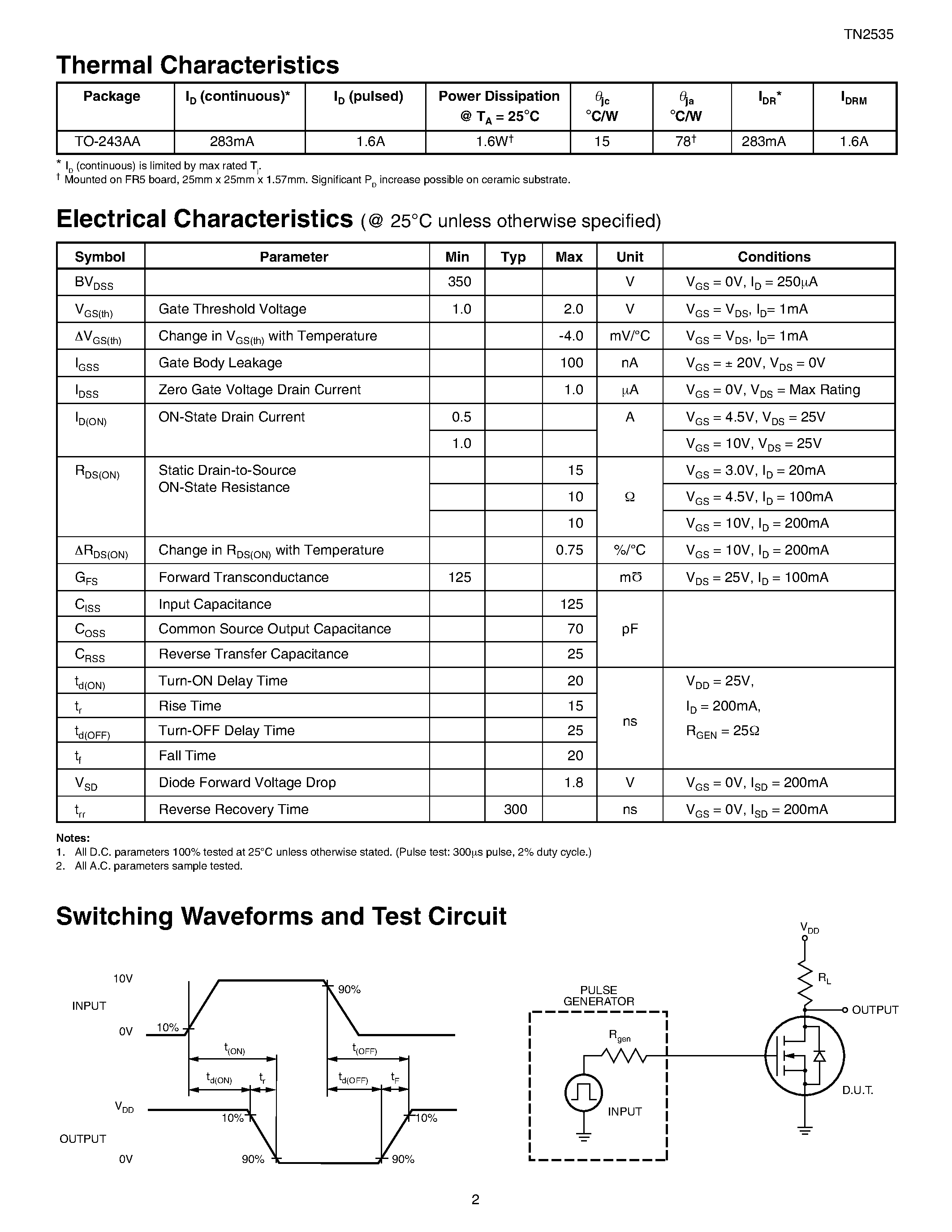 Datasheet TN2535 - N-Channel Enhancement-Mode Vertical DMOS FETs page 2