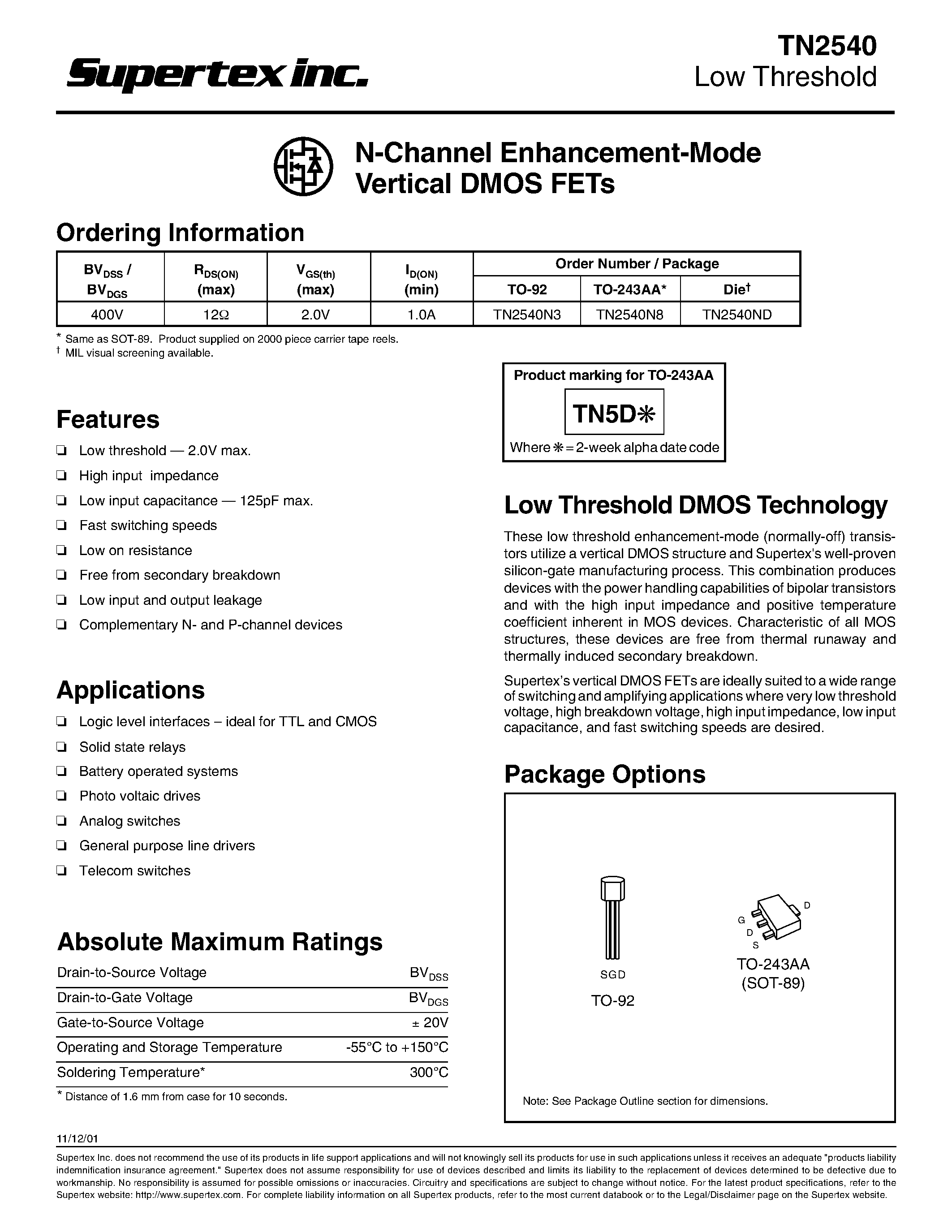 Datasheet TN2540 - N-Channel Enhancement-Mode Vertical DMOS FETs page 1