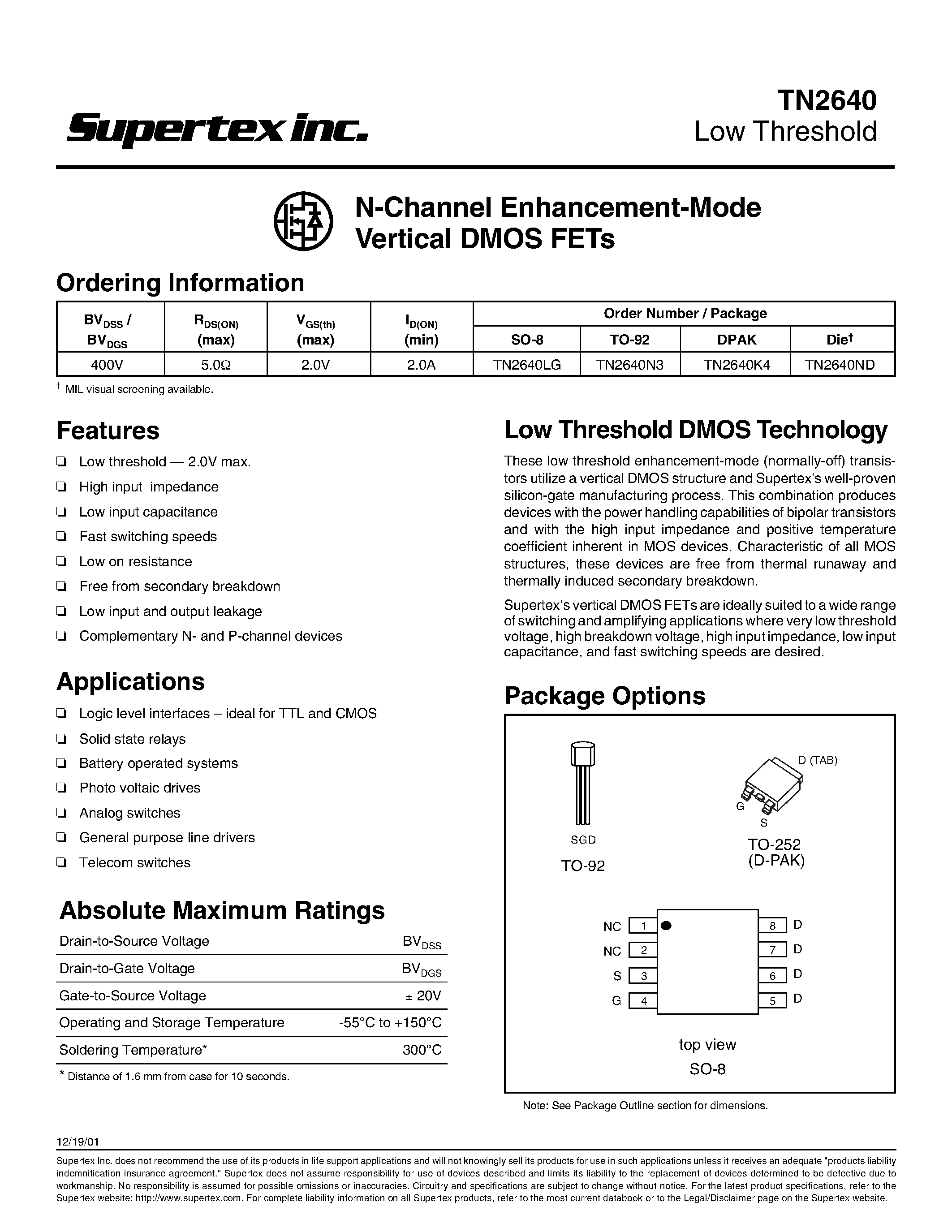 Datasheet TN2640 - N-Channel Enhancement-Mode Vertical DMOS FETs page 1