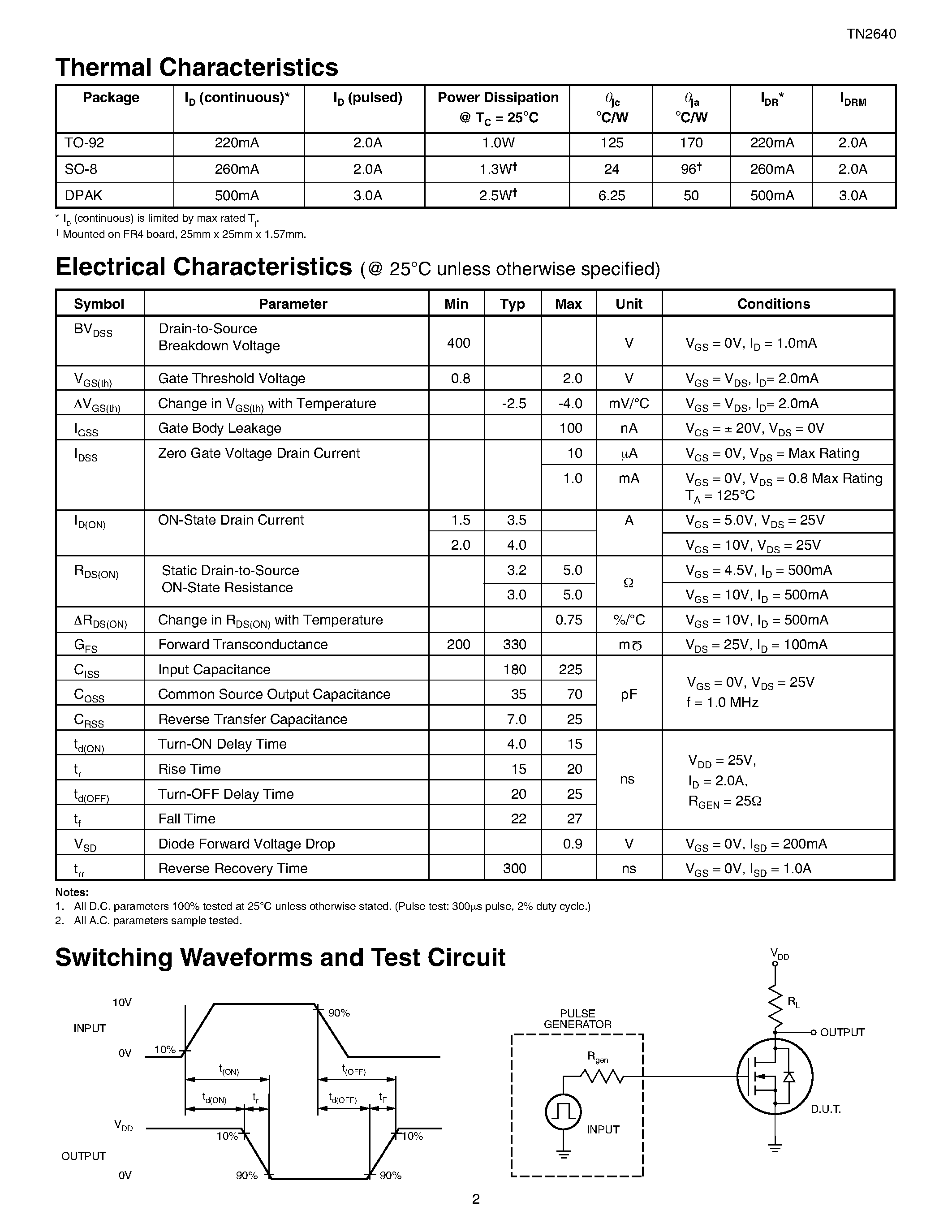 Datasheet TN2640 - N-Channel Enhancement-Mode Vertical DMOS FETs page 2