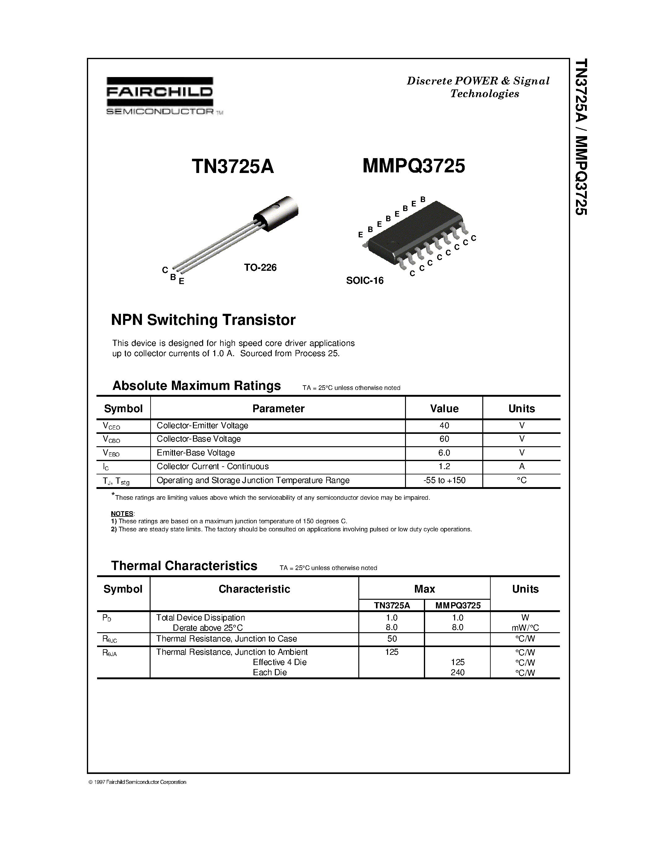 Datasheet TN3725 - NPN Switching Transistor page 1