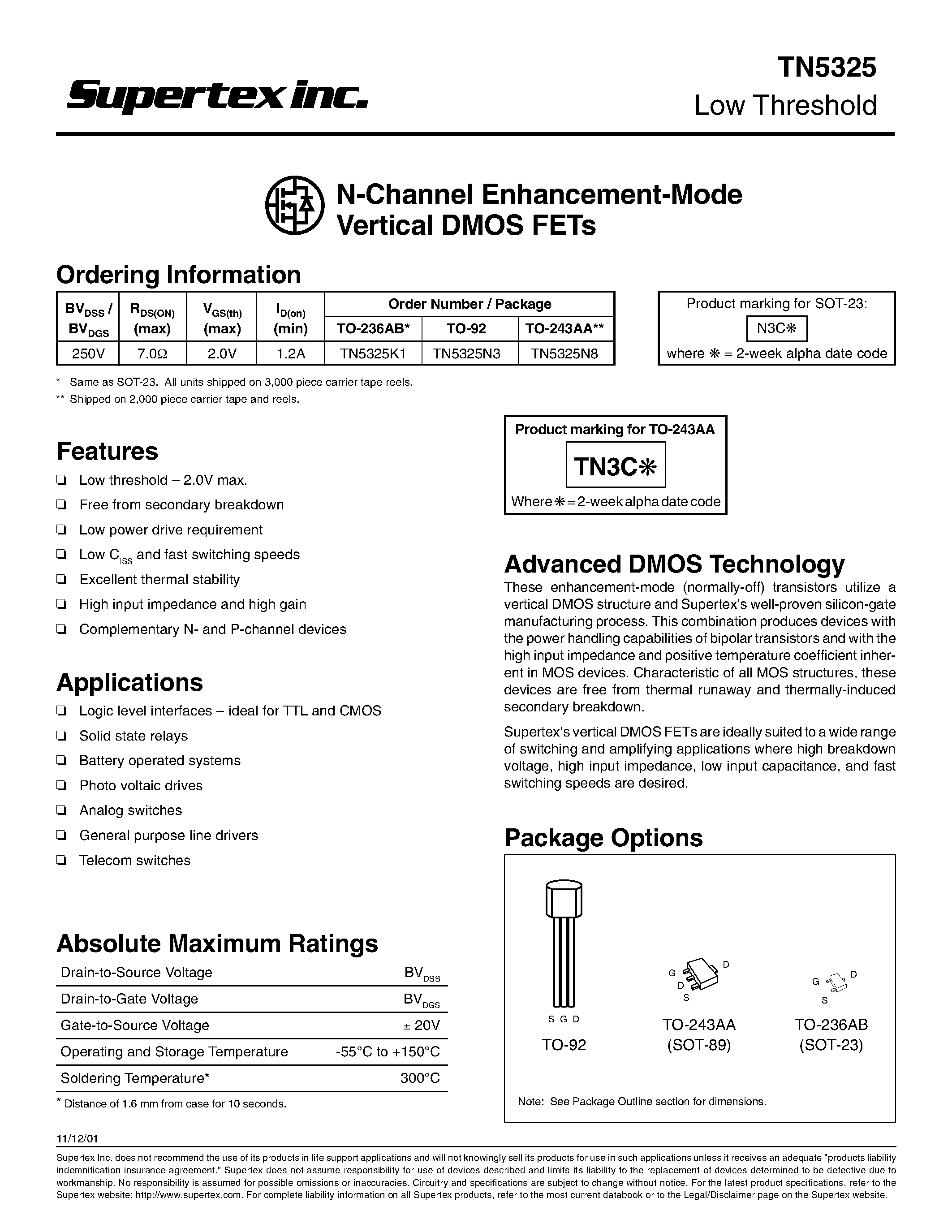 Datasheet TN5325 - N-Channel Enhancement-Mode Vertical DMOS FETs page 1