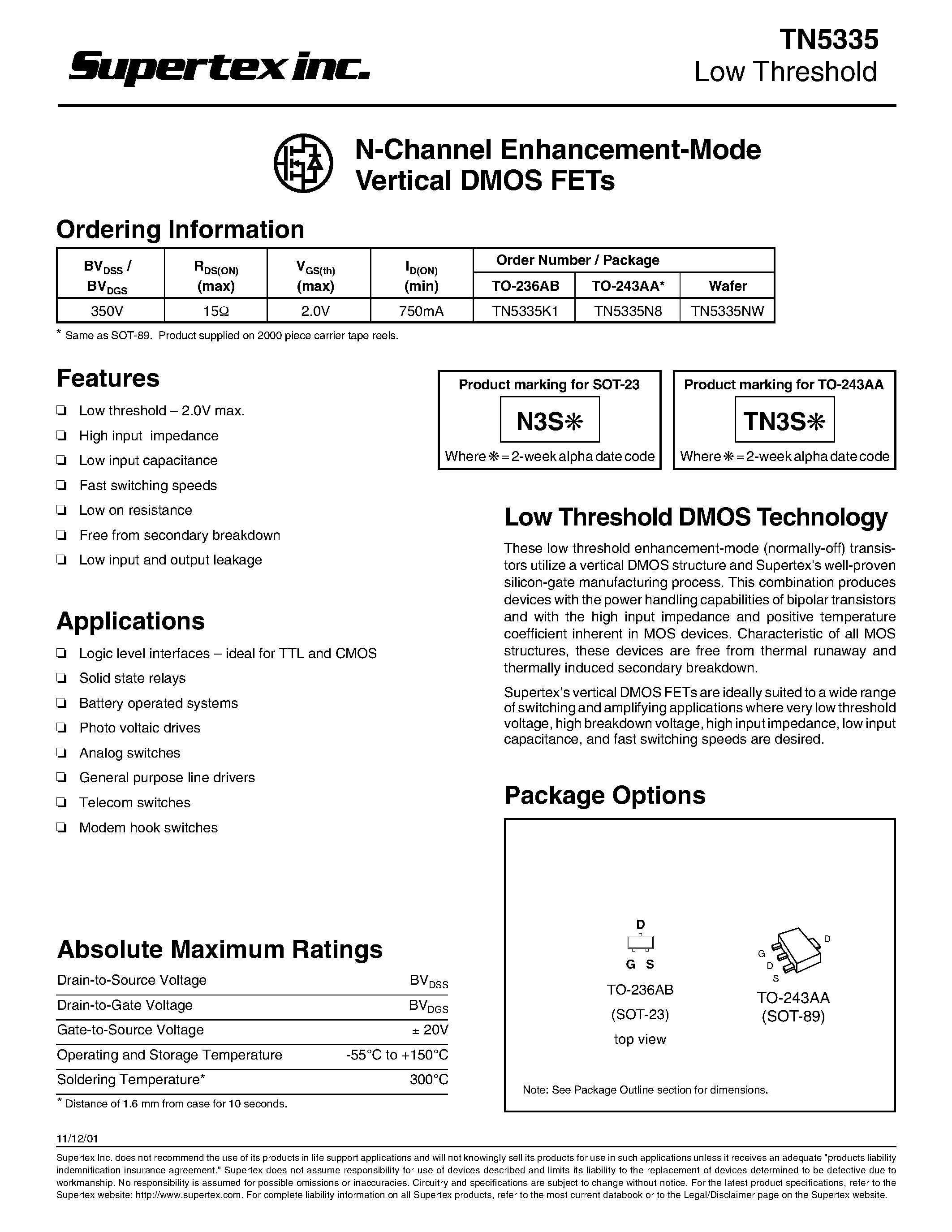 Datasheet TN5335 - N-Channel Enhancement-Mode Vertical DMOS FETs page 1